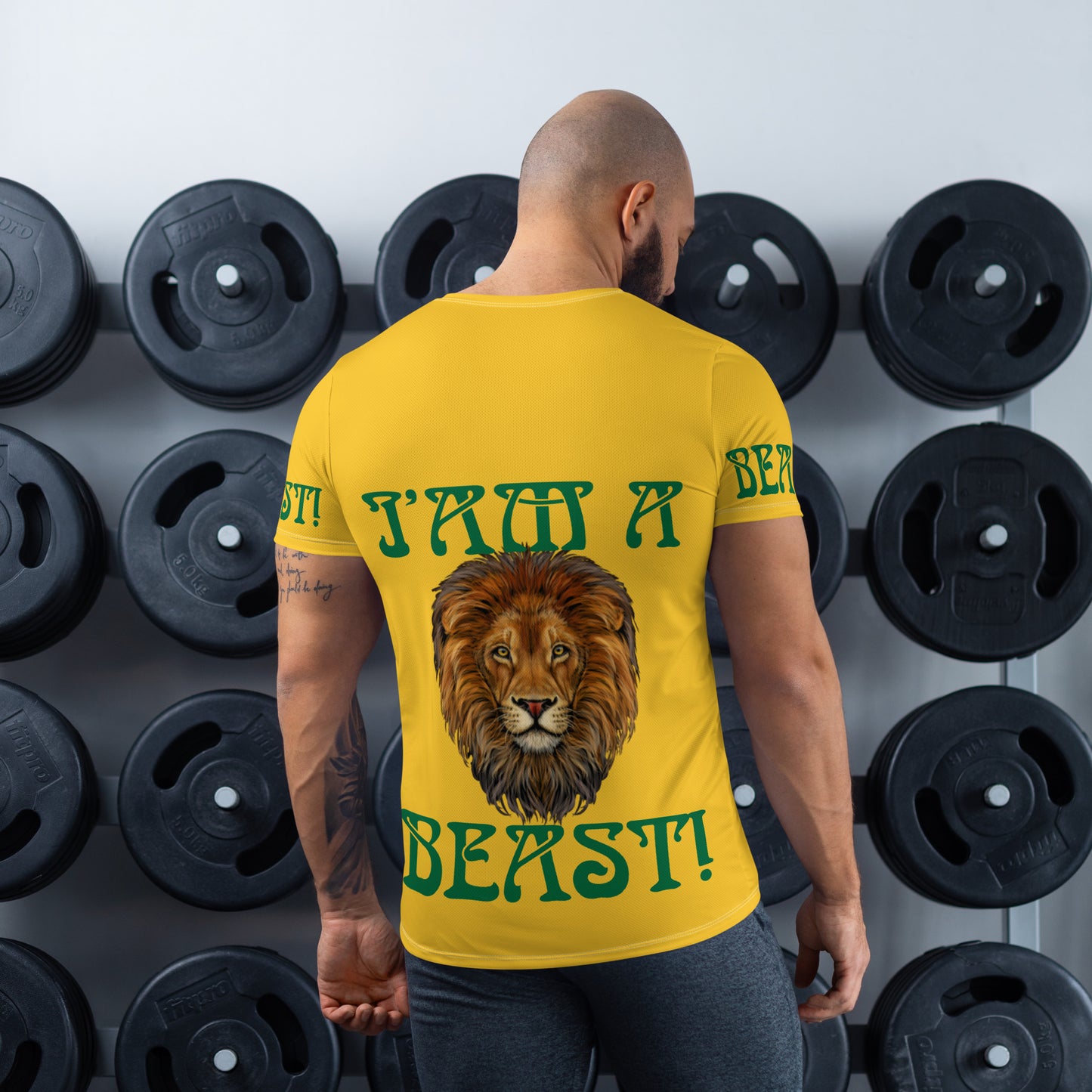 “I’AM A BEAST!”Yellow Men's Athletic T-Shirt W/Green Font
