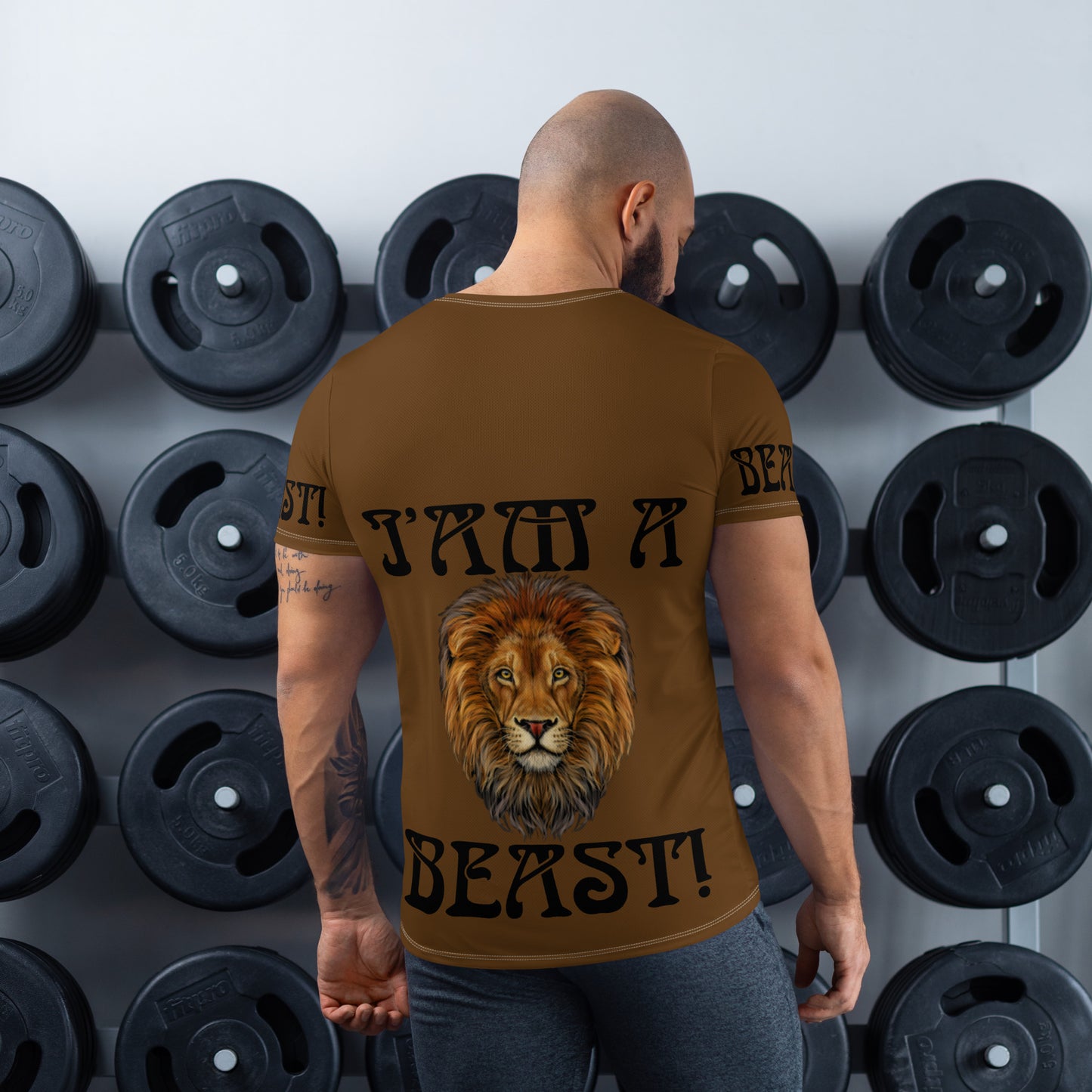 “I’AM A BEAST!”Brown Men's Athletic T-Shirt W/Black Font