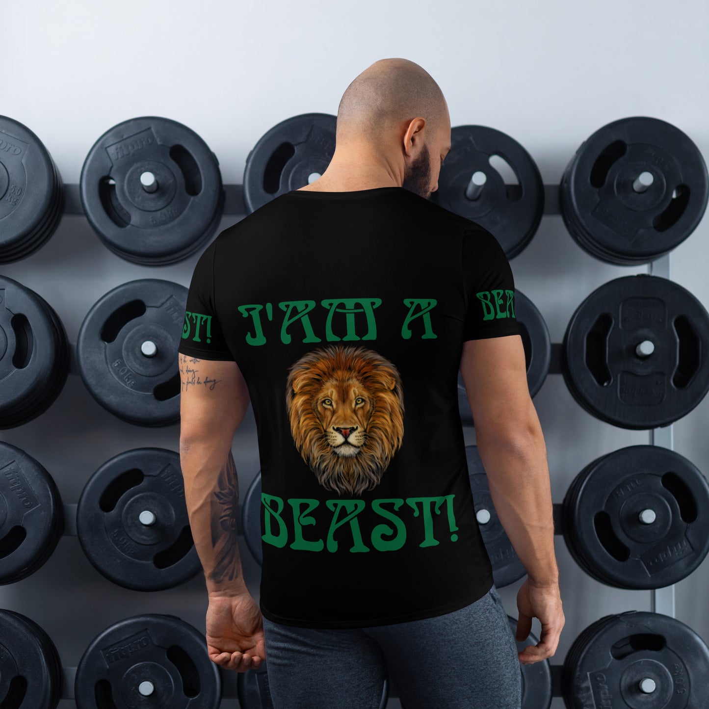 “I’AM A BEAST!”Black Men's Athletic T-Shirt W/Green Font