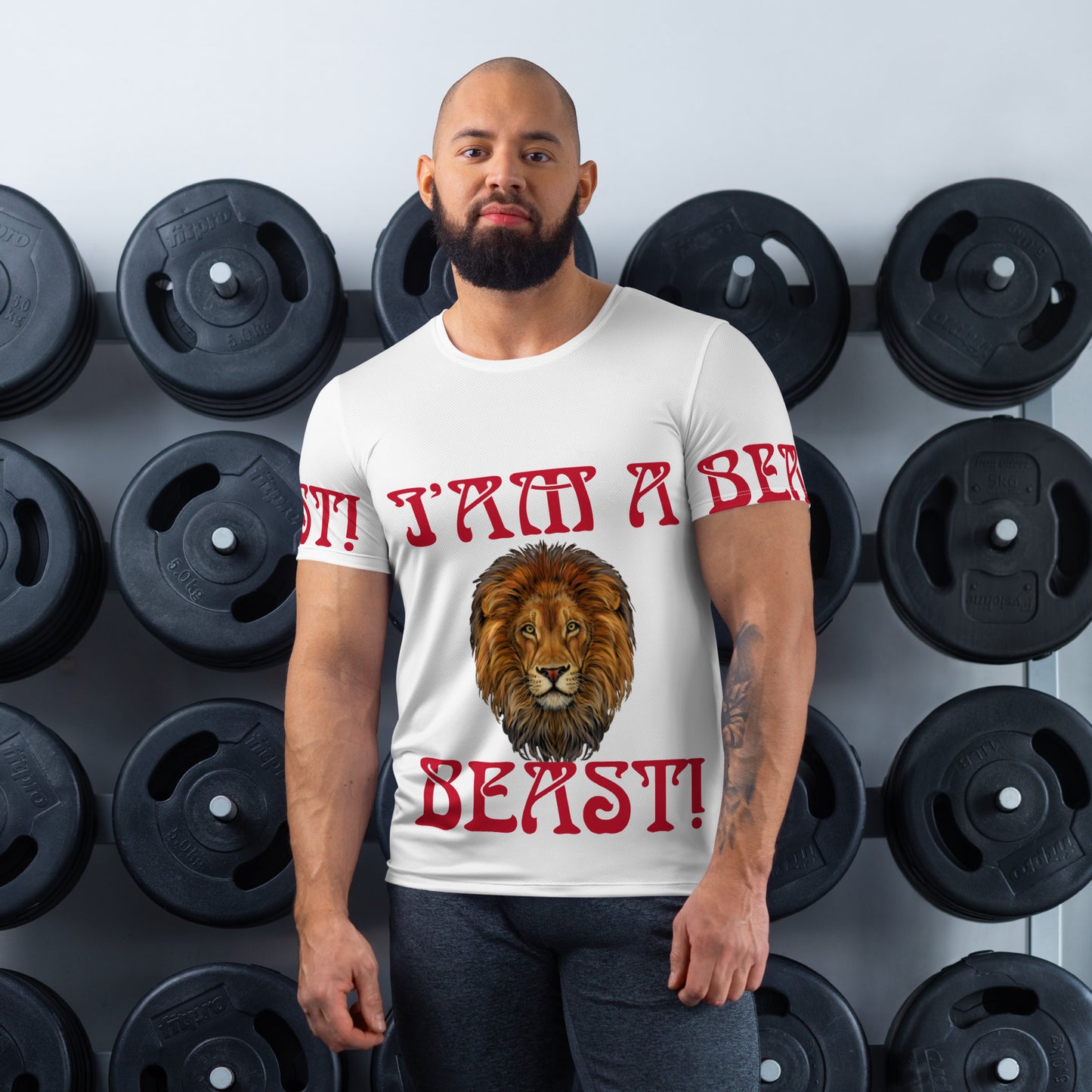 “I’AM A BEAST!”White Men's Athletic T-Shirt W/Red Font