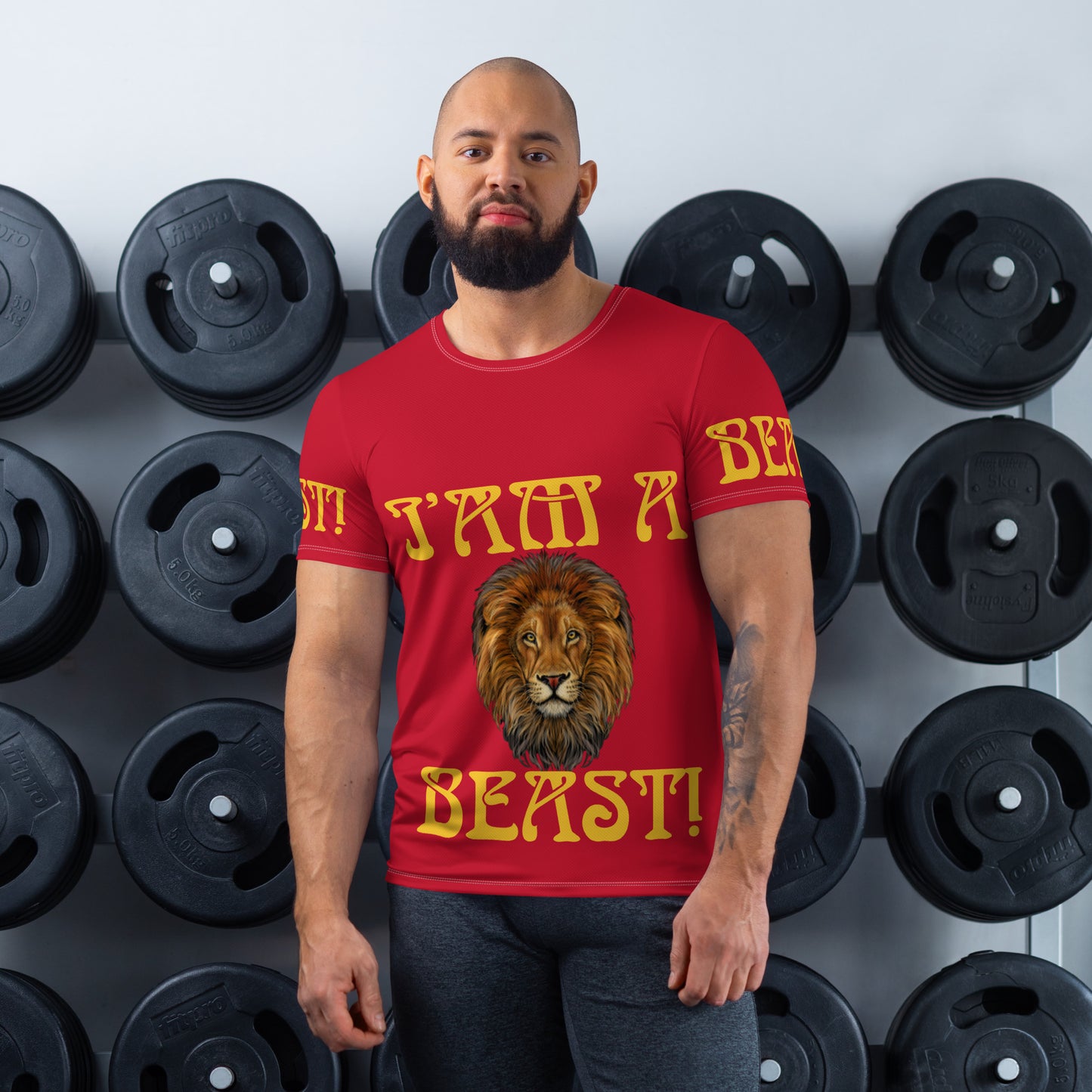 “I’AM A BEAST!”Red Men's Athletic T-Shirt W/Yellow Font