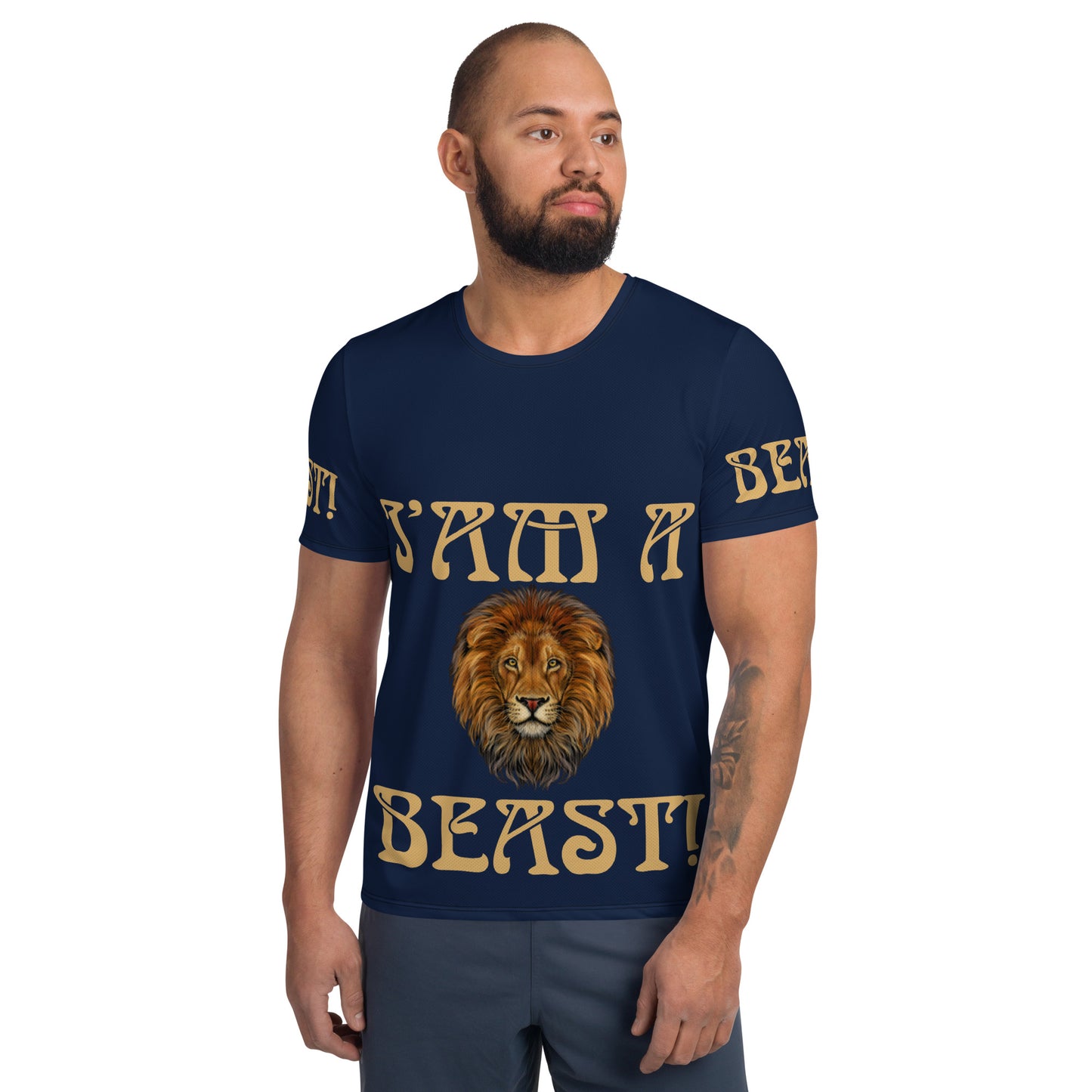 “I’AM A BEAST!”Navy Men's Athletic T-Shirt W/Fawn Font