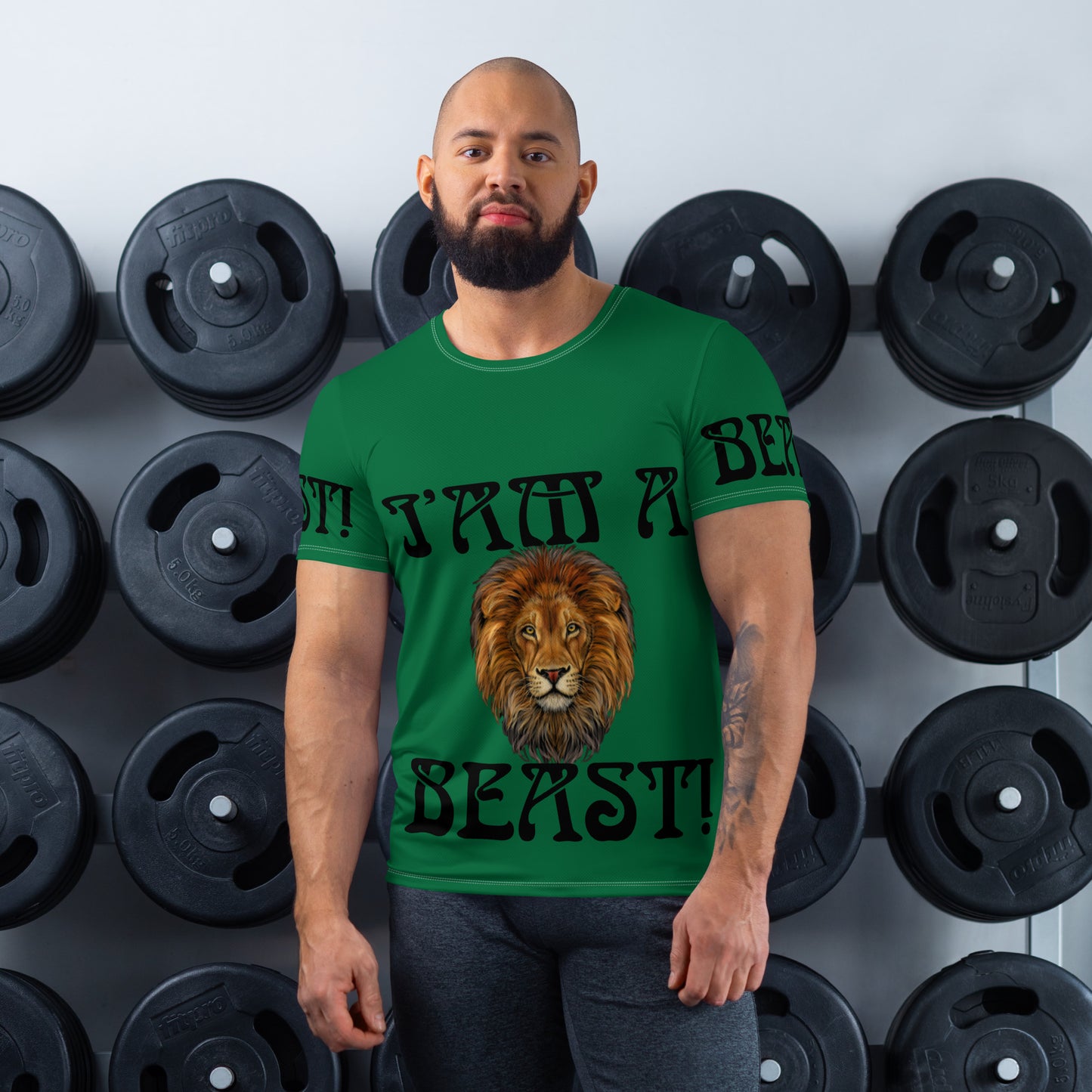 “I’AM A BEAST!”Green Men's Athletic T-Shirt W/Black Font