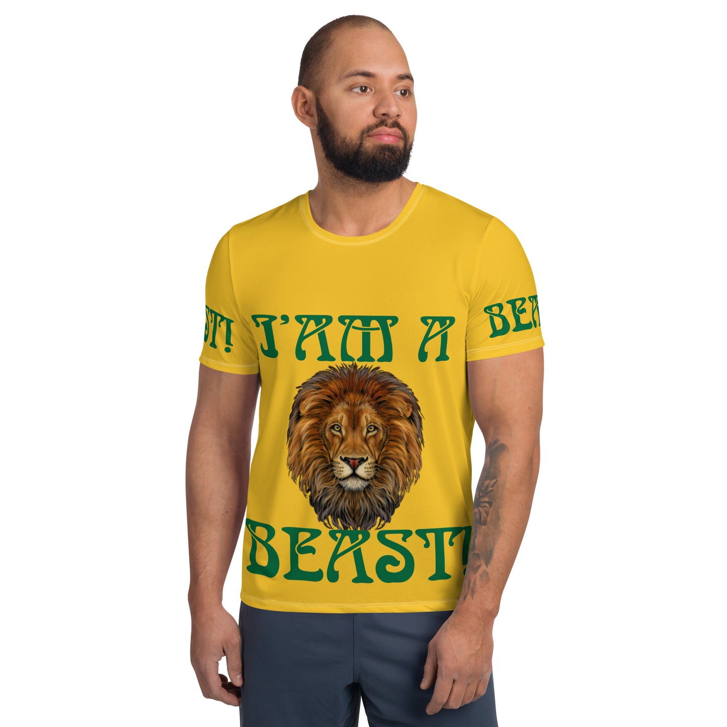 “I’AM A BEAST!”Yellow Men's Athletic T-Shirt W/Green Font