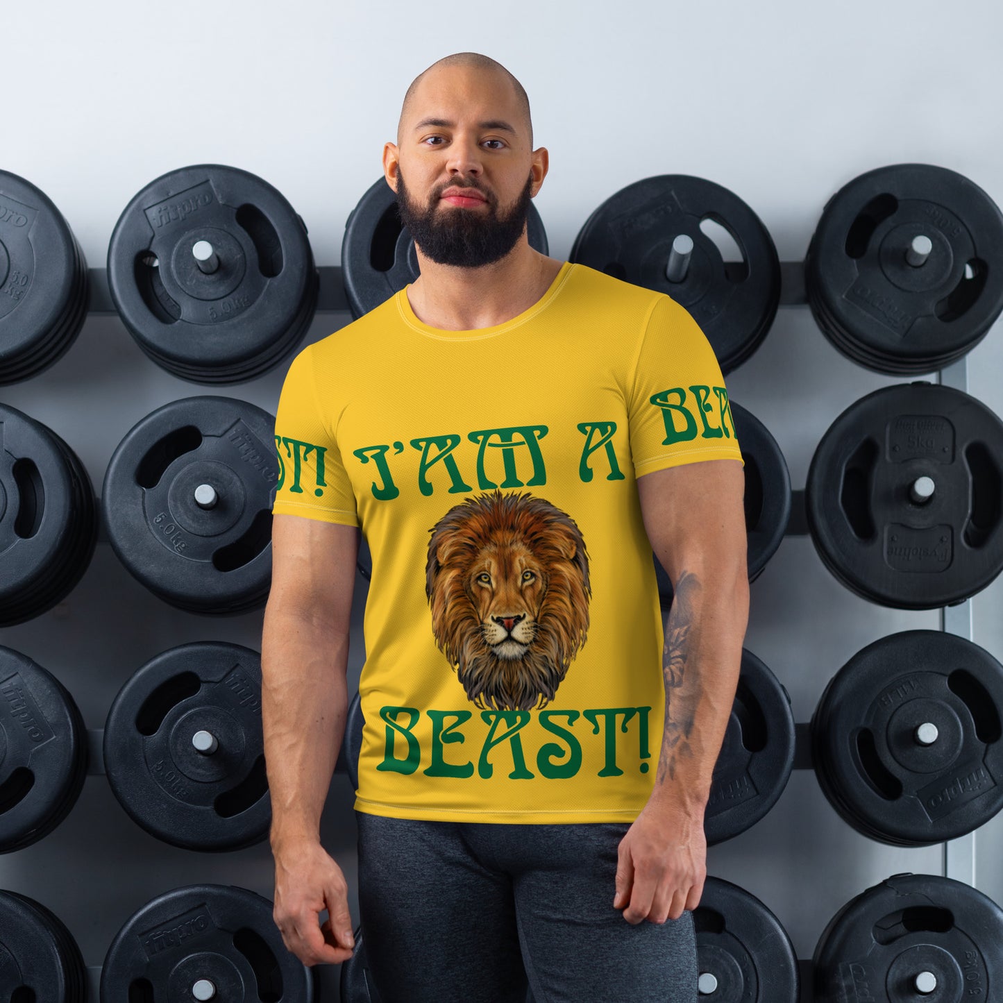 “I’AM A BEAST!”Yellow Men's Athletic T-Shirt W/Green Font