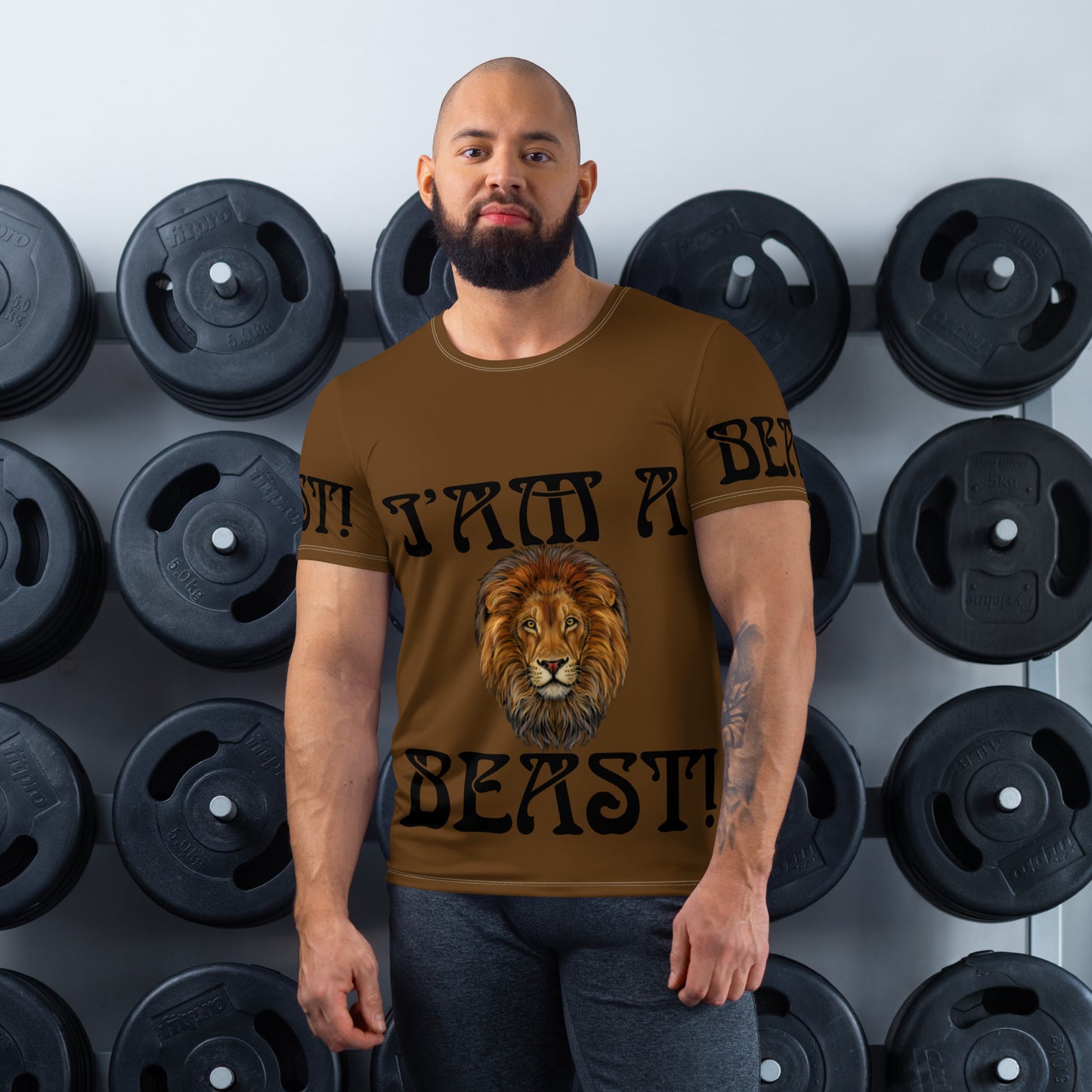 “I’AM A BEAST!”Brown Men's Athletic T-Shirt W/Black Font