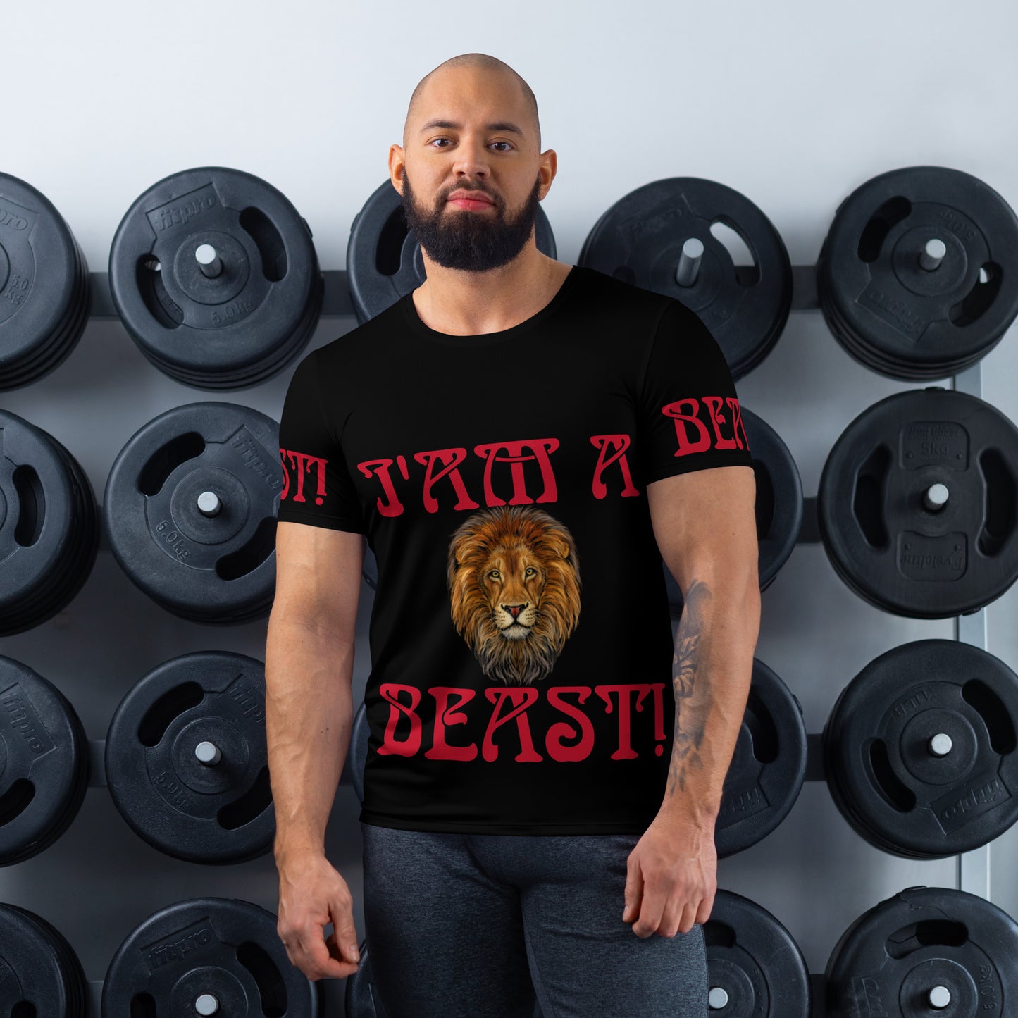 “I’AM A BEAST!”Black Men's Athletic T-Shirt W/Red Font
