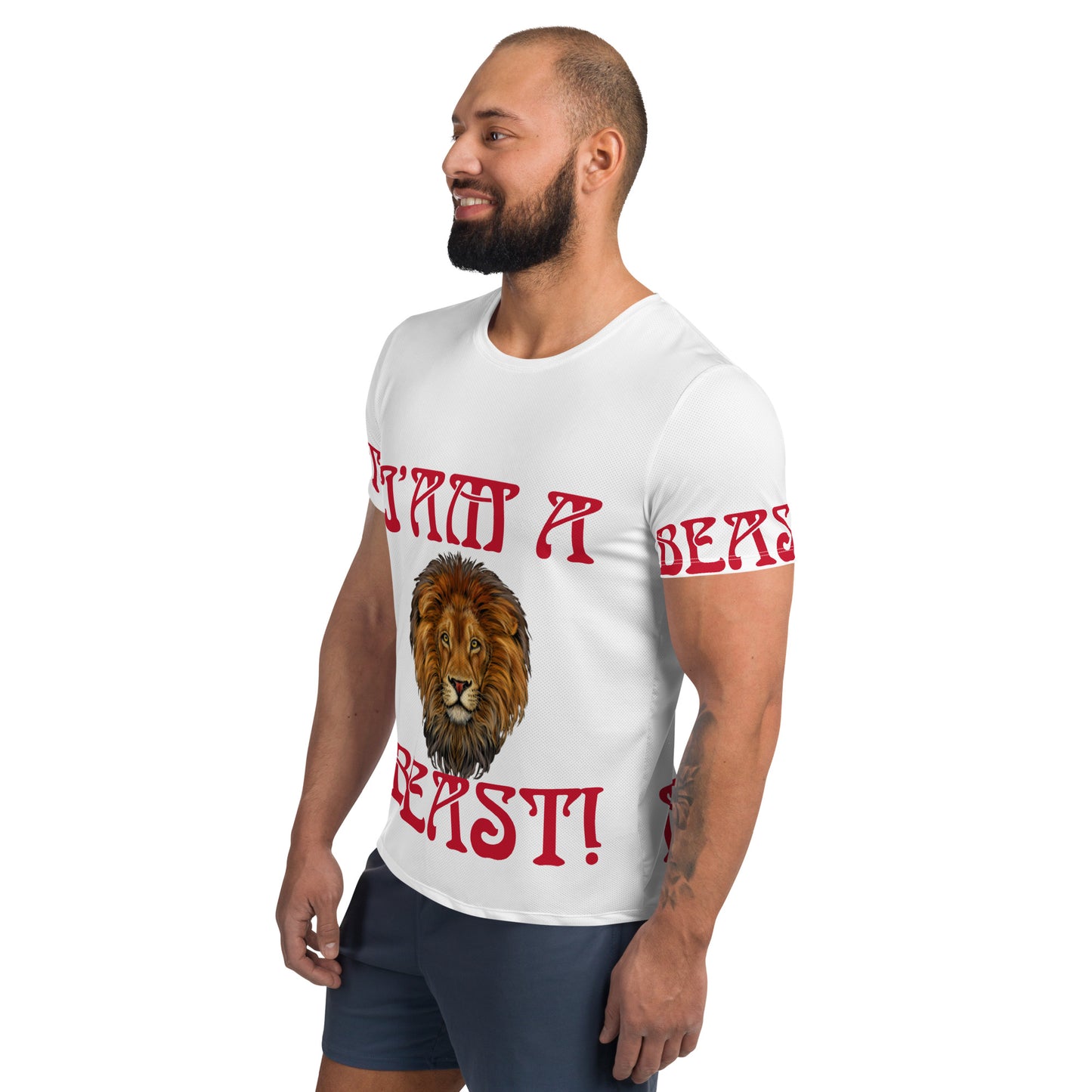 “I’AM A BEAST!”White Men's Athletic T-Shirt W/Red Font