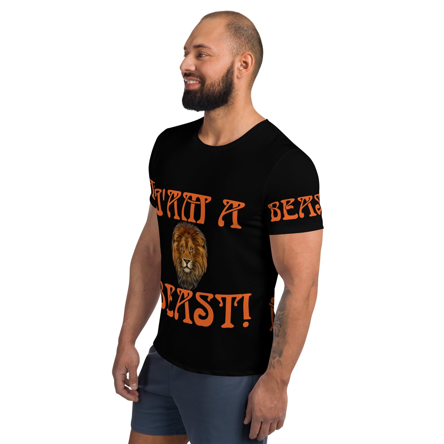 “I’AM A BEAST!”Black Men's Athletic T-Shirt W/Orange Font