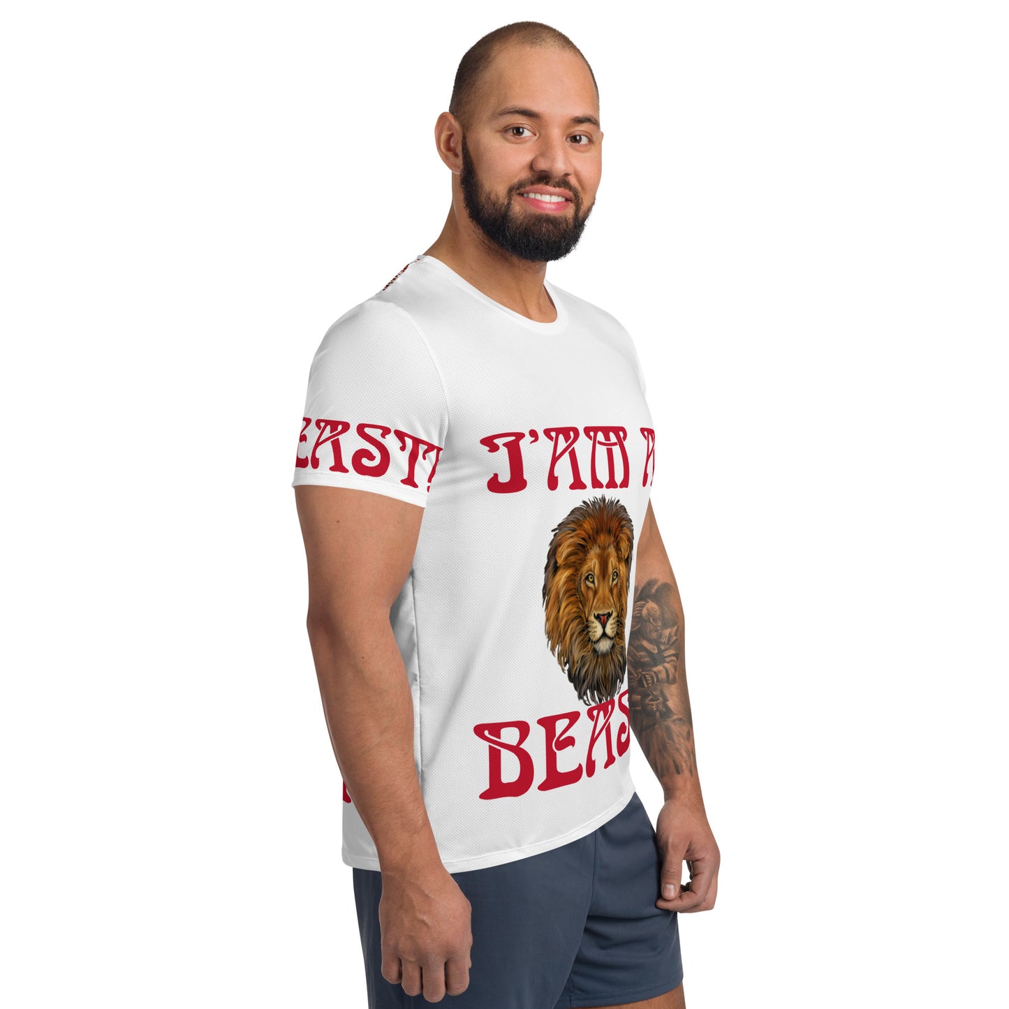 “I’AM A BEAST!”White Men's Athletic T-Shirt W/Red Font