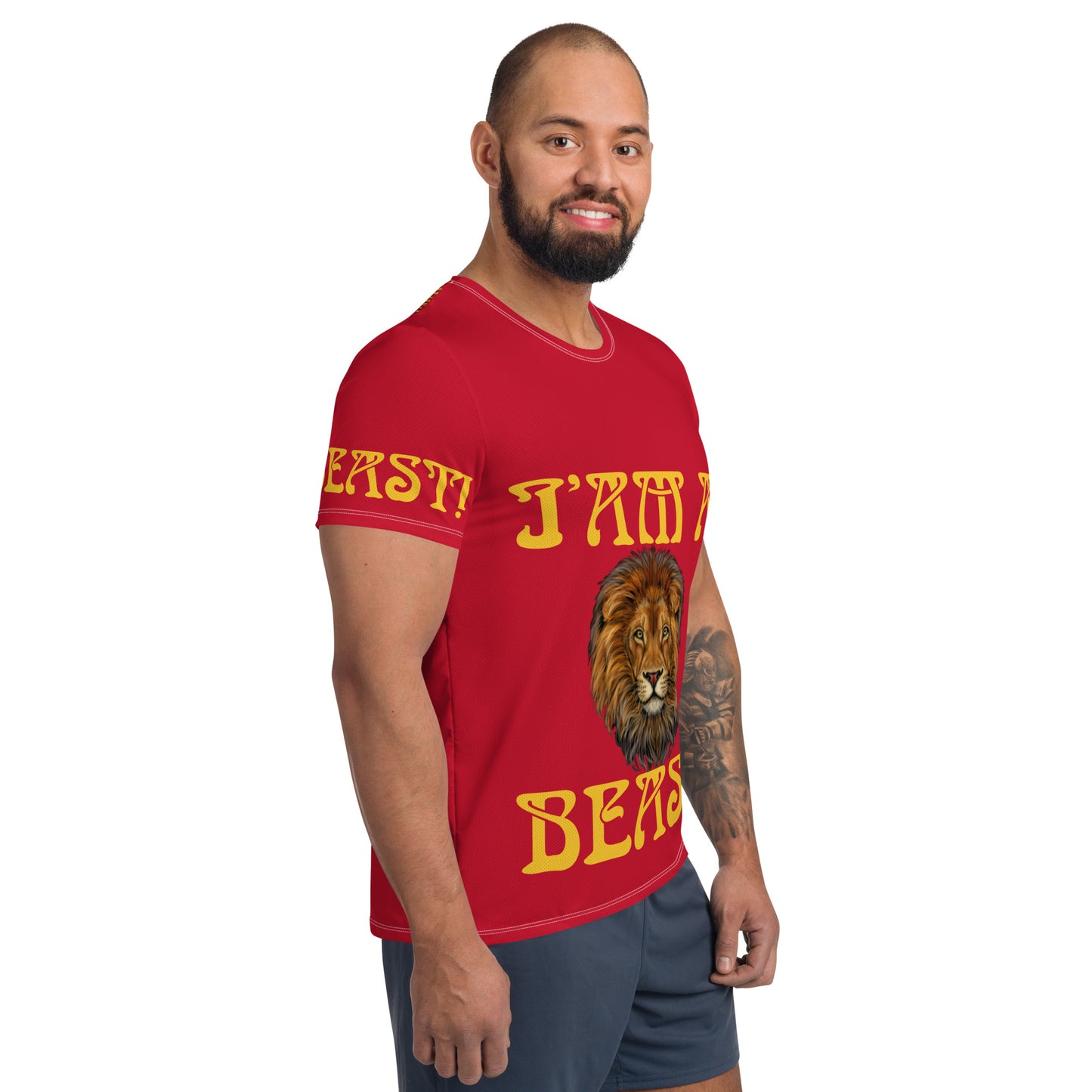 “I’AM A BEAST!”Red Men's Athletic T-Shirt W/Yellow Font
