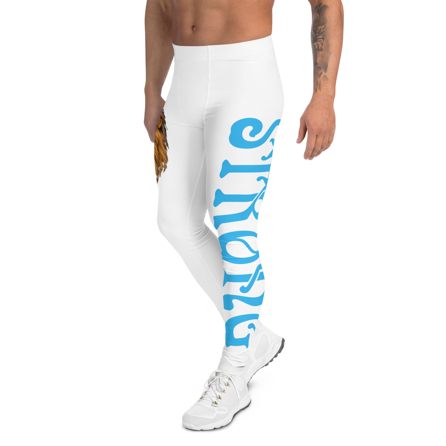 “STRONG”White Men's Leggings W/SkyBlue Font
