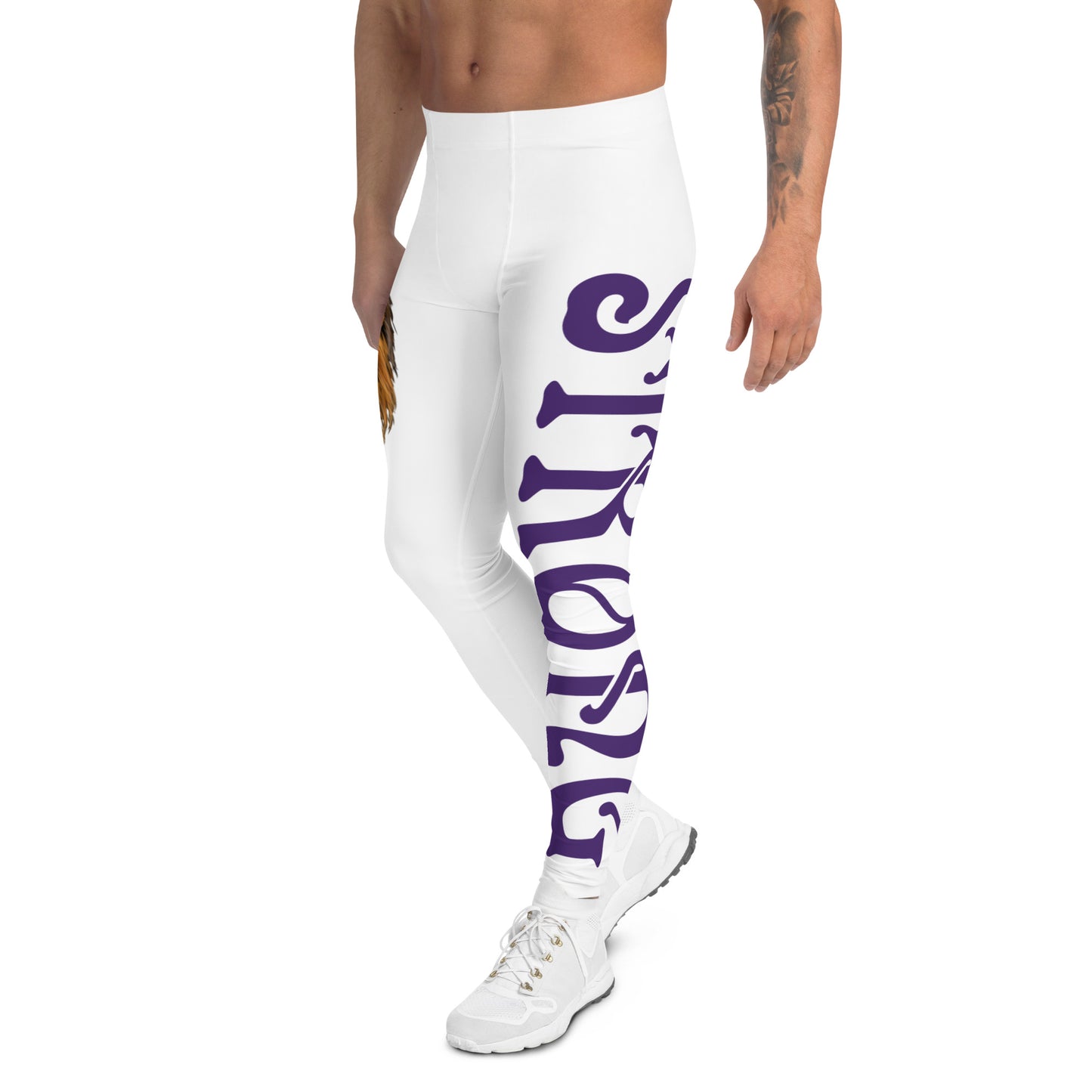 “STRONG”White Men's Leggings W/Purple Font