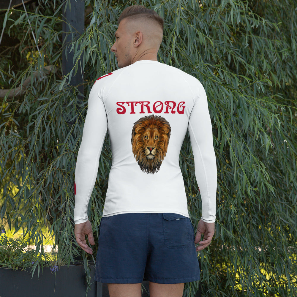 “STRONG" White Men's Rash Guard W/Red Font