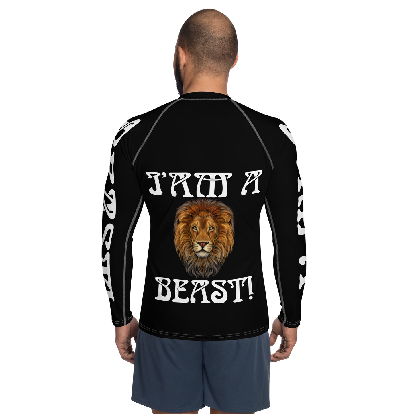 “I’AM A BEAST!”Black Men's Rash Guard W/White Font