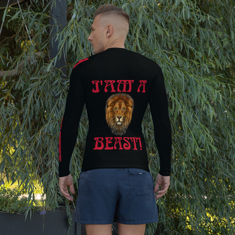 “I’AM A BEAST!”Black Men's Rash Guard W/Red Font