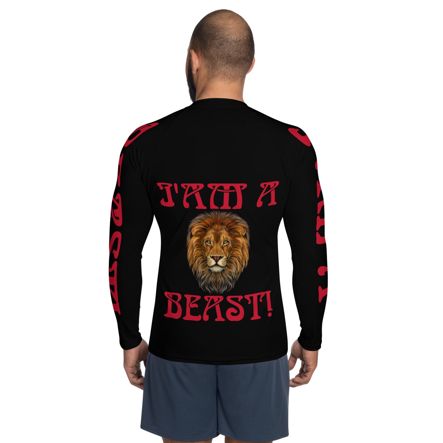 “I’AM A BEAST!”Black Men's Rash Guard W/Red Font