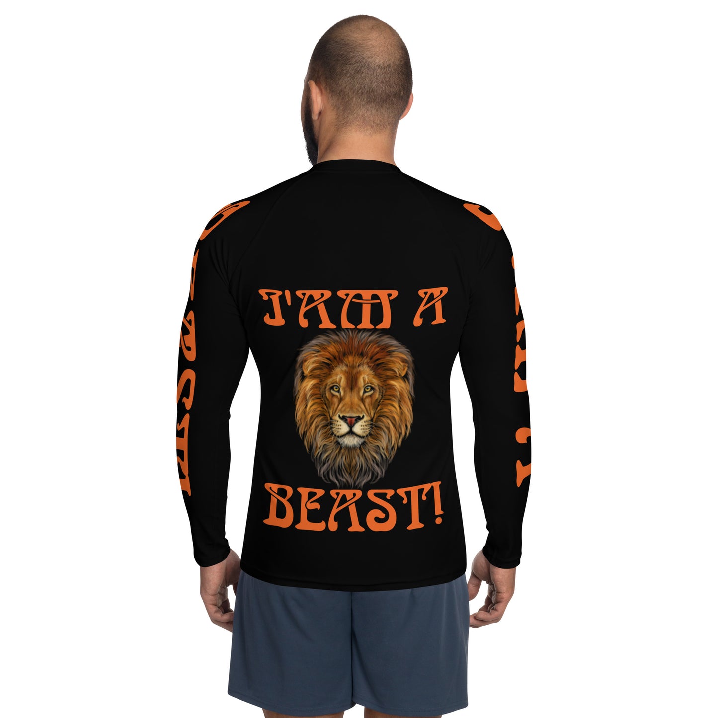 “I’AM A BEAST!”Black Men's Rash Guard W/Orange Font