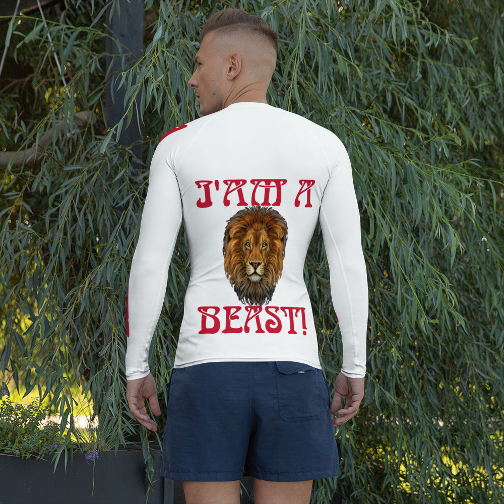 “I’AM A BEAST!”White Men's Rash Guard W/Red Font