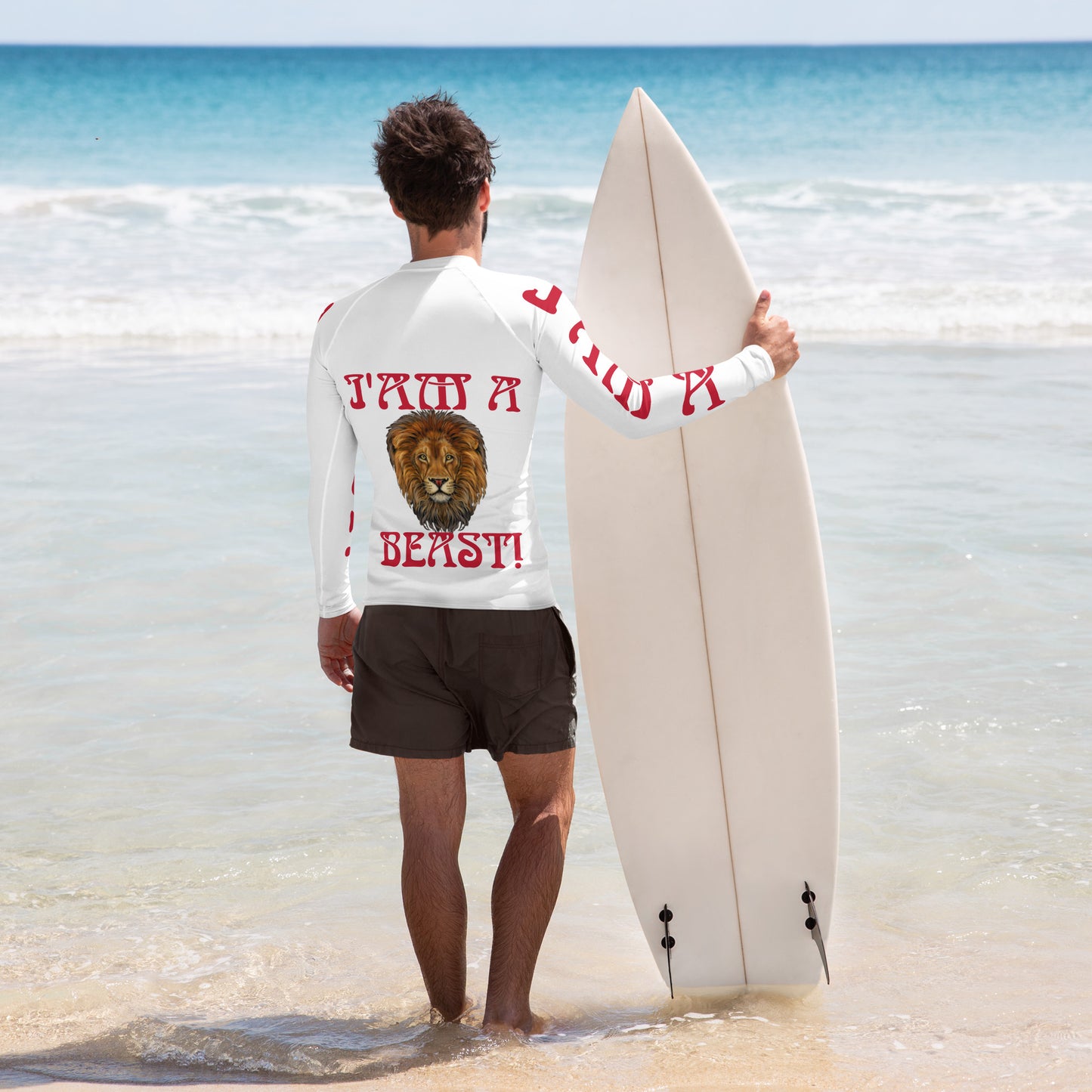 “I’AM A BEAST!”White Men's Rash Guard W/Red Font