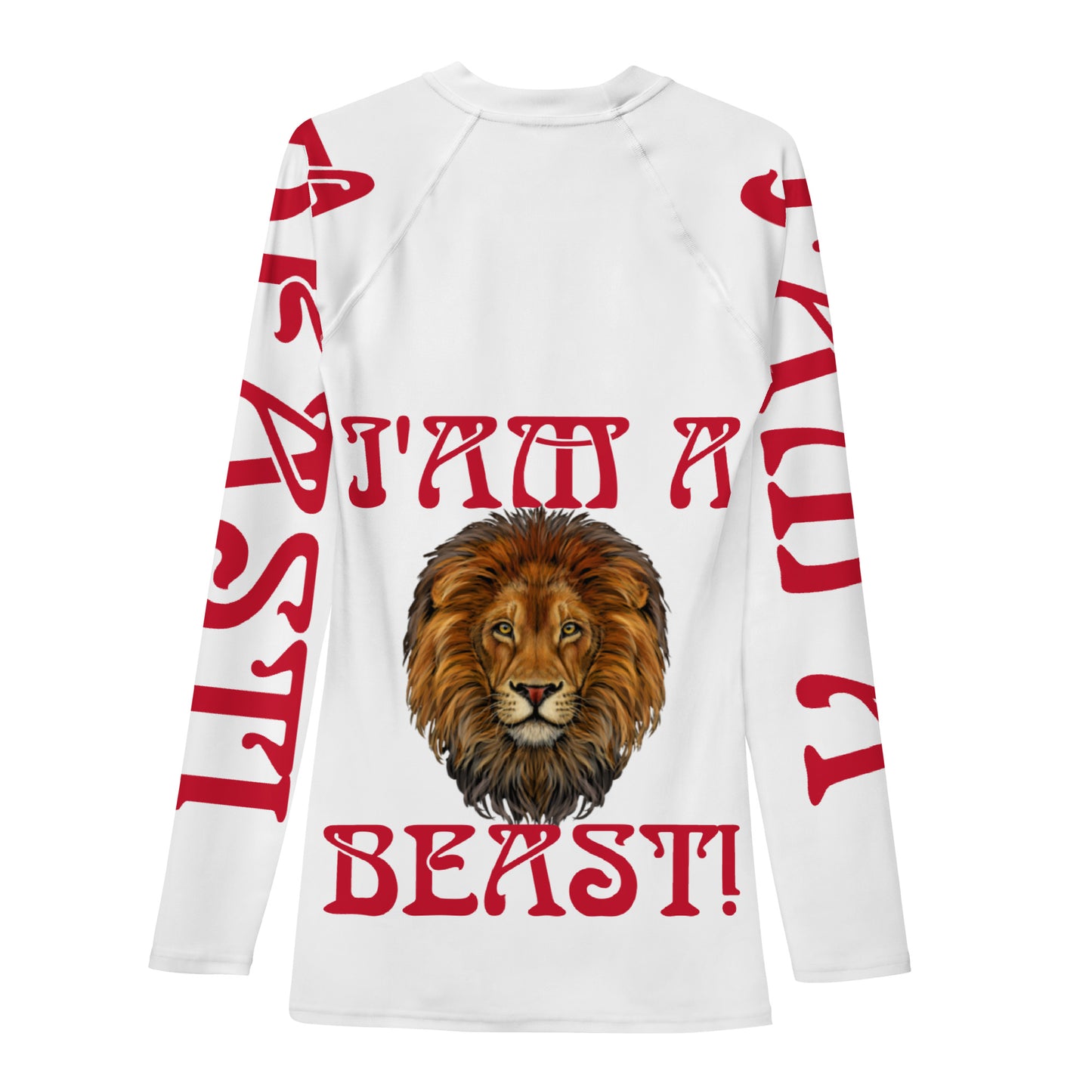 “I’AM A BEAST!”White Men's Rash Guard W/Red Font