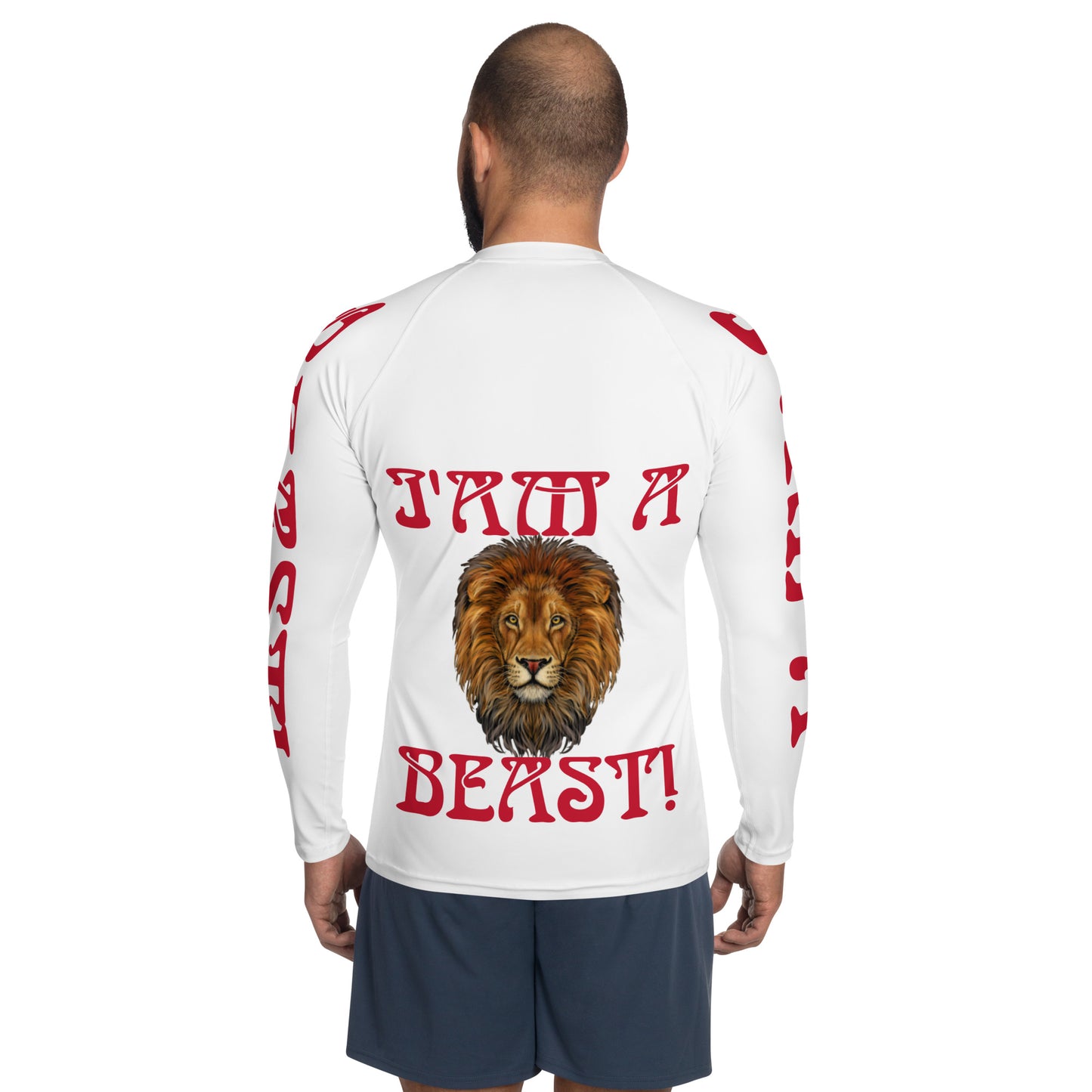 “I’AM A BEAST!”White Men's Rash Guard W/Red Font