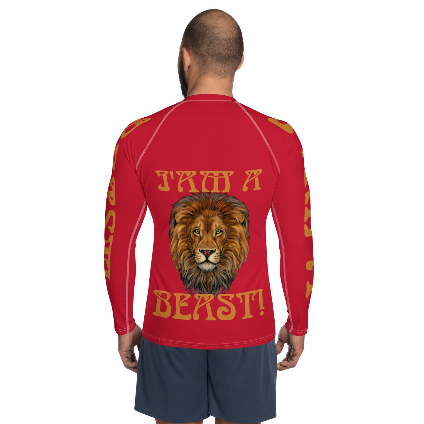 “I’AM A BEAST!" Red Men's Rash Guard W/Bronze Font