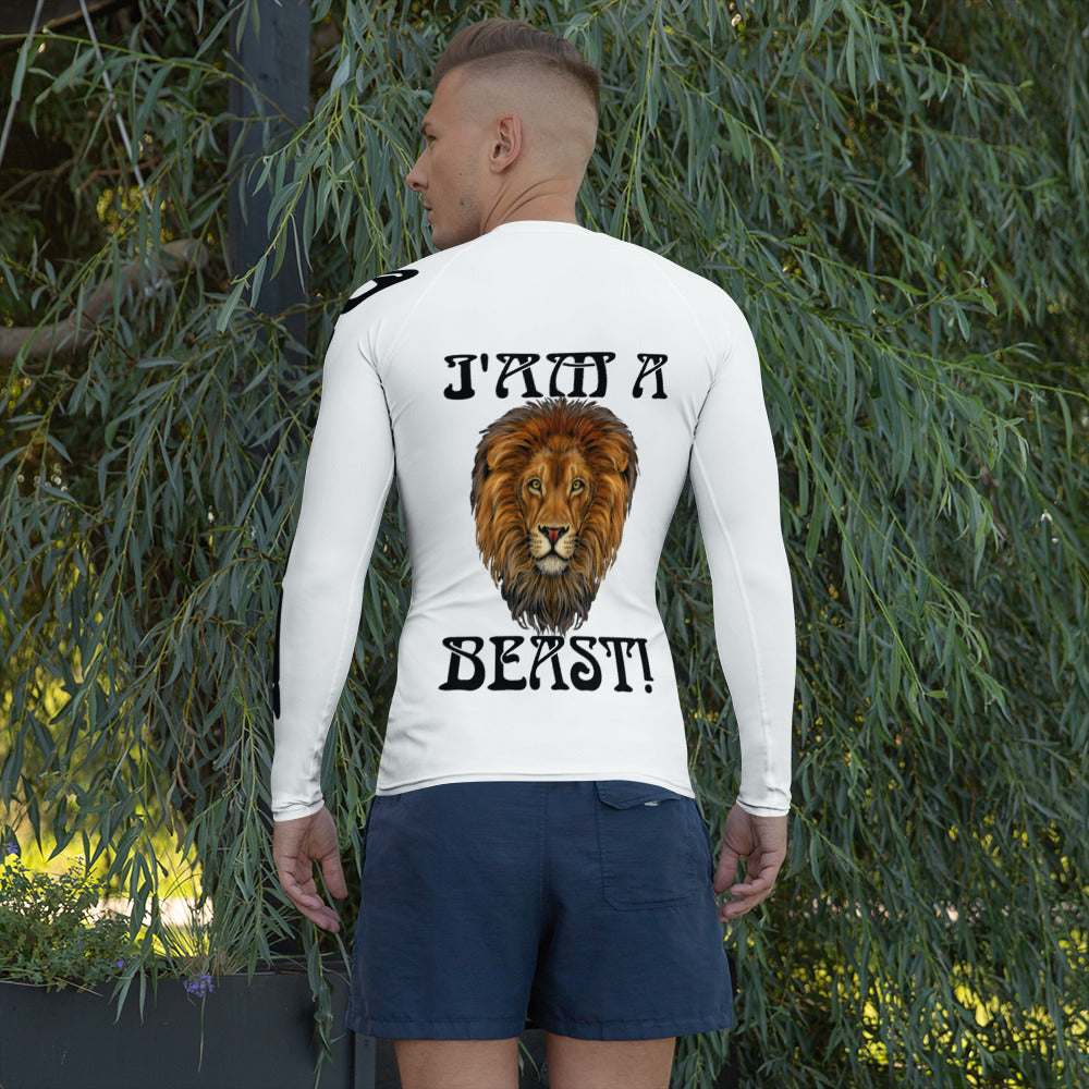 “I’AM A BEAST!”White Men's Rash Guard W/Black Font