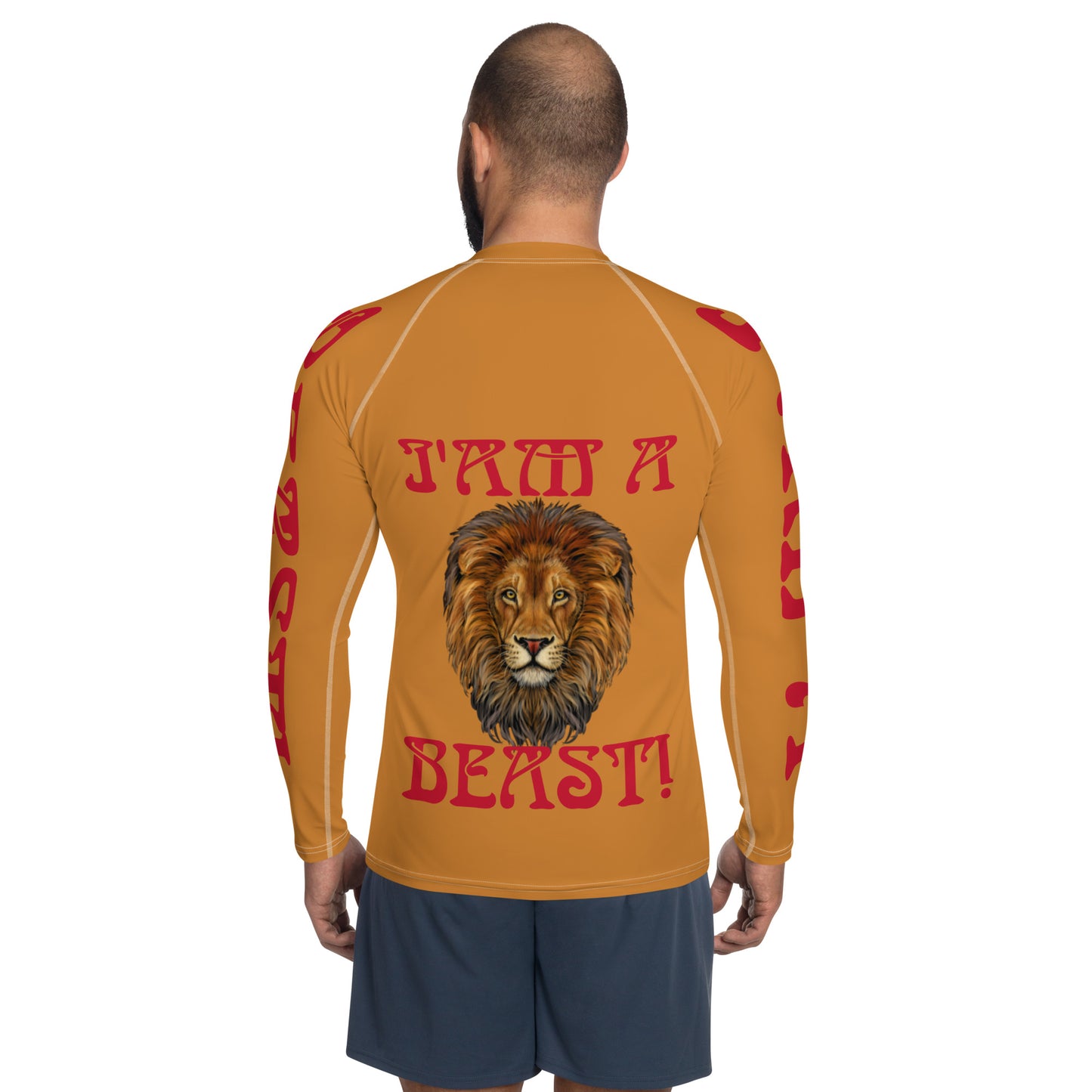 “I’AM A BEAST!”Bronze Men's Rash Guard W/Red Font
