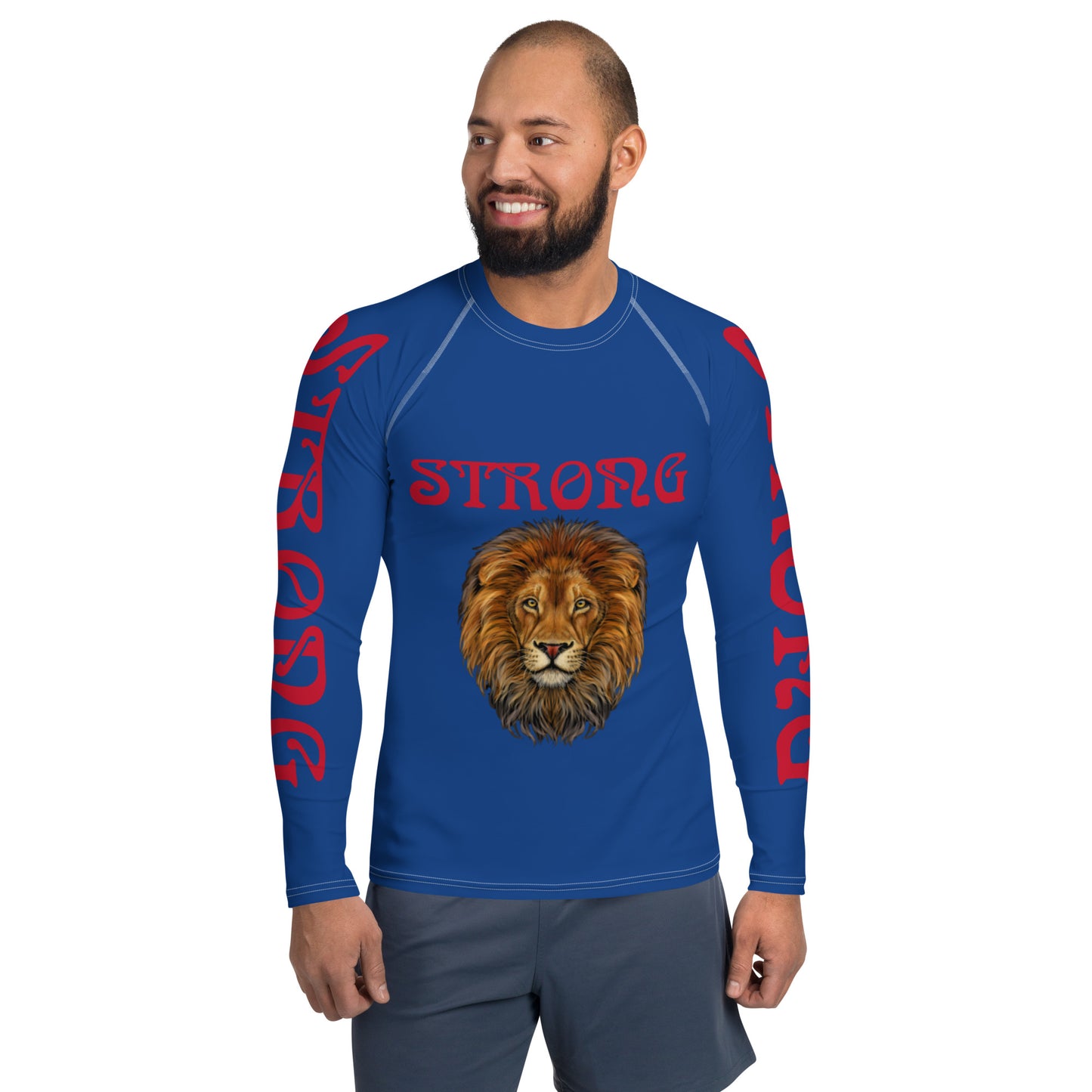 “STRONG”Blue Men's Rash Guard W/Red Font