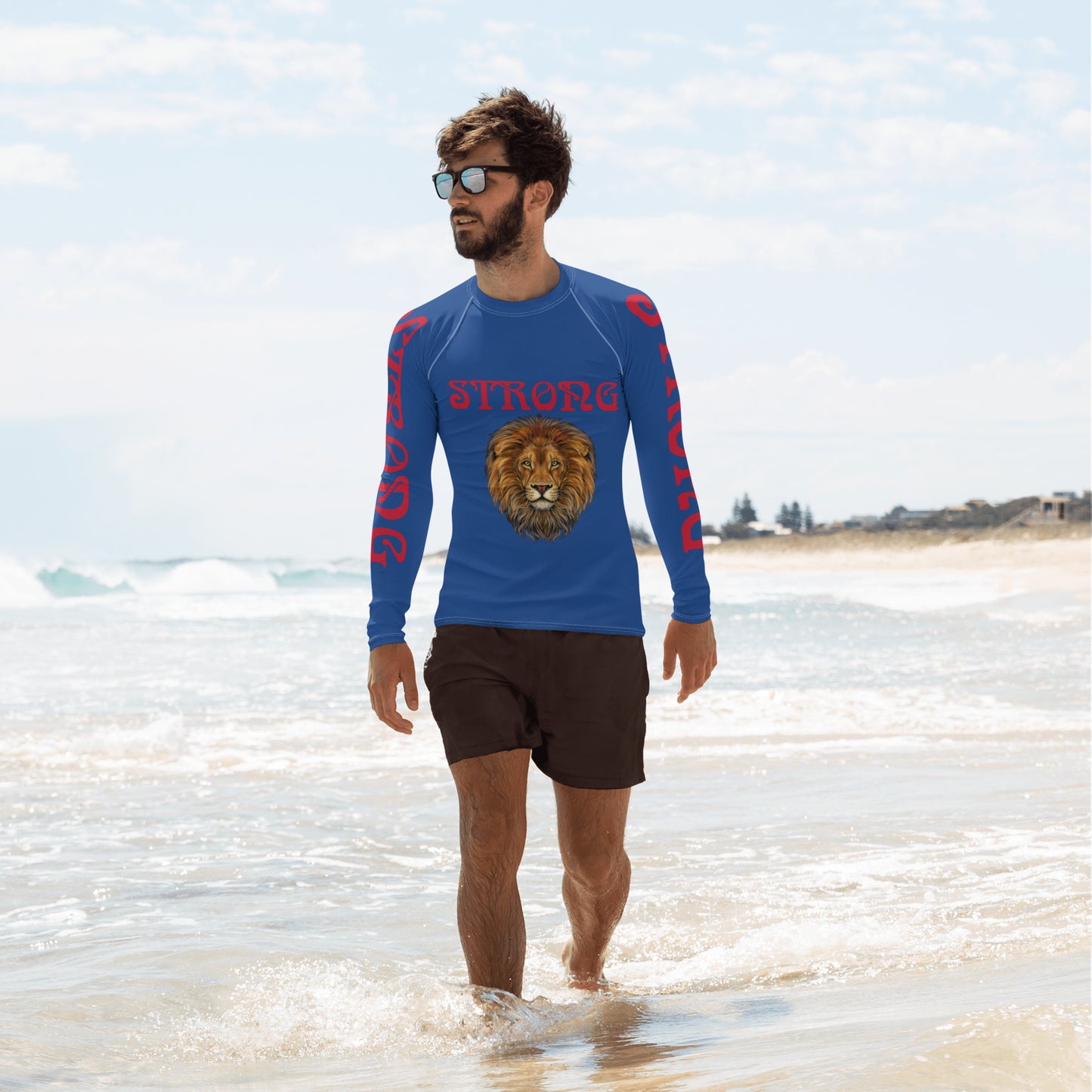 “STRONG”Blue Men's Rash Guard W/Red Font