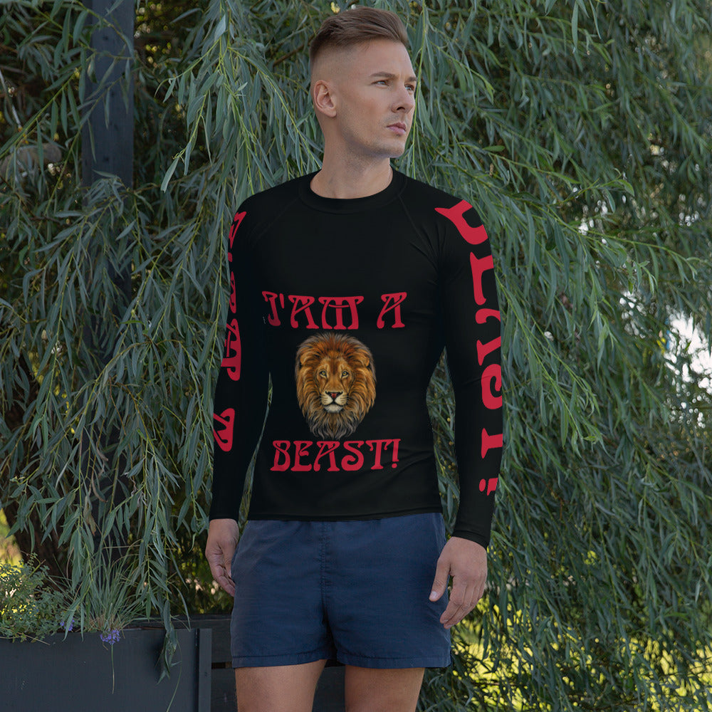 “I’AM A BEAST!”Black Men's Rash Guard W/Red Font