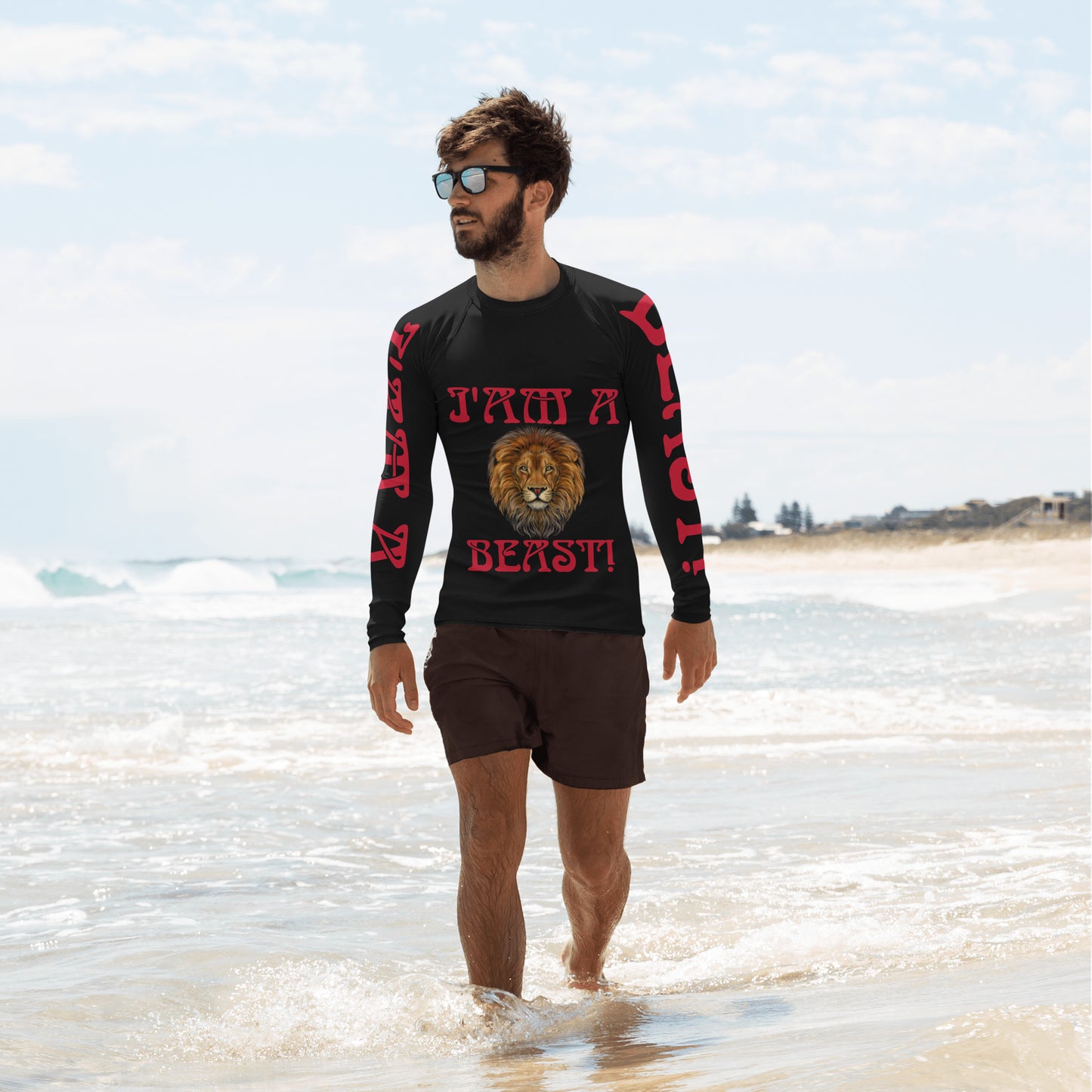 “I’AM A BEAST!”Black Men's Rash Guard W/Red Font