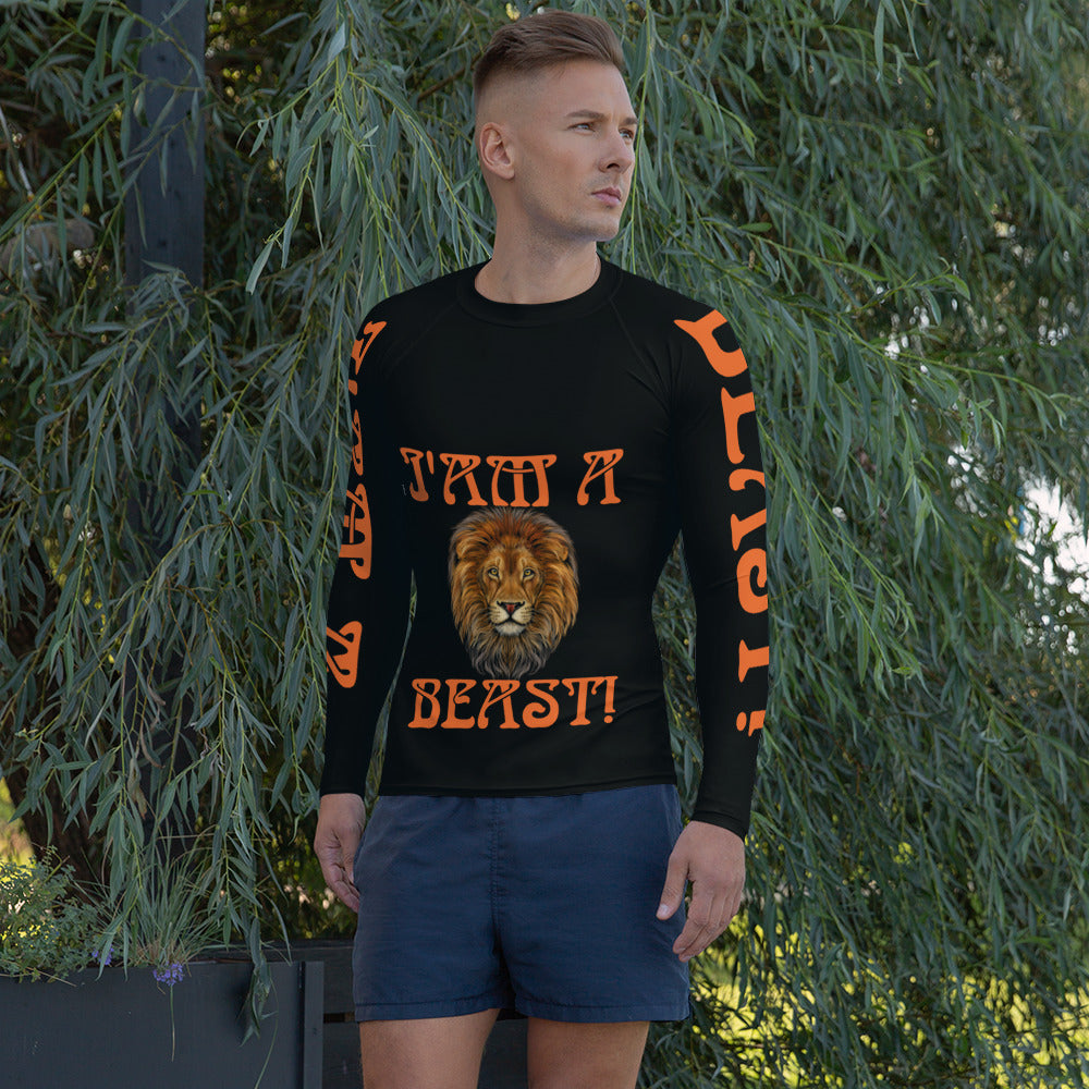 “I’AM A BEAST!”Black Men's Rash Guard W/Orange Font