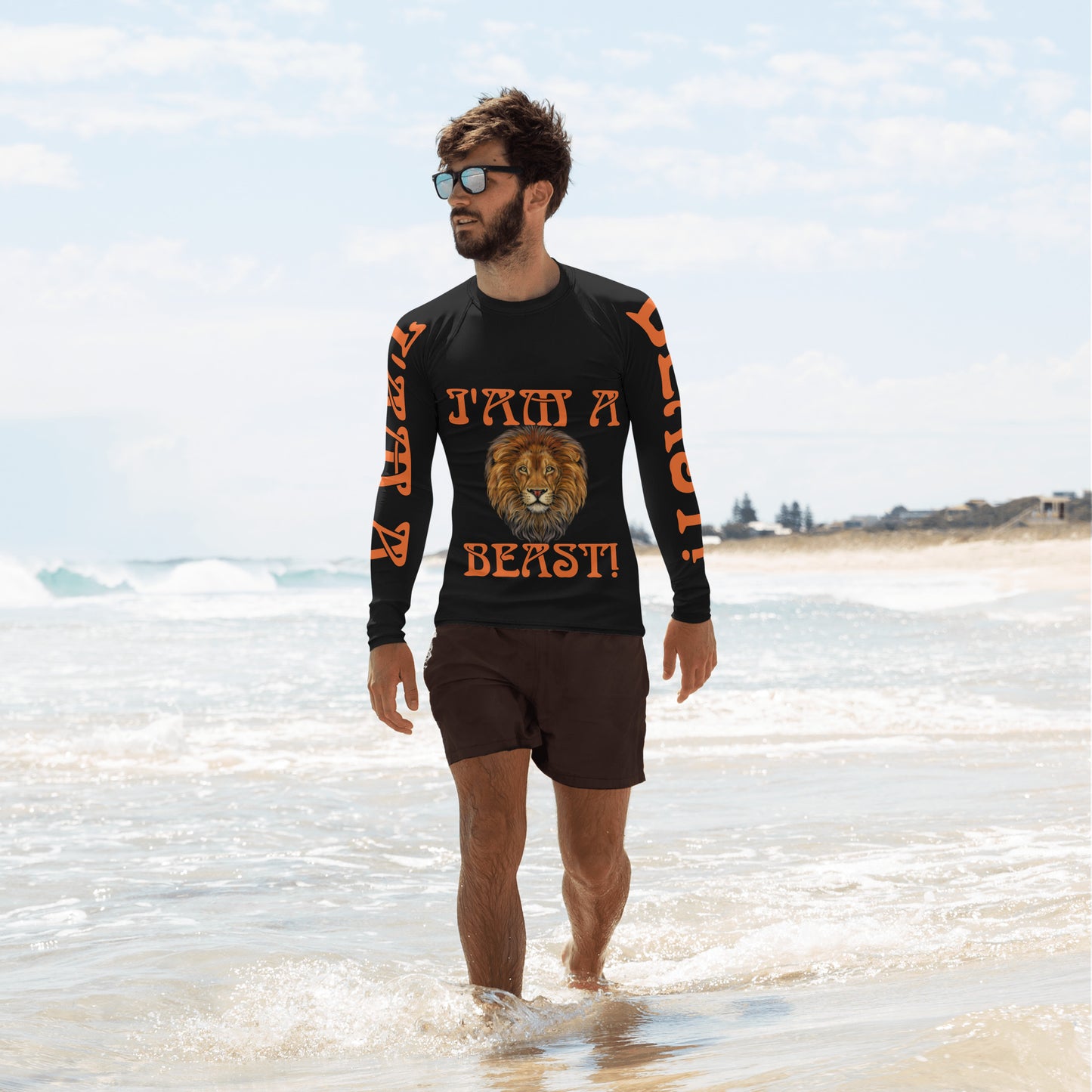 “I’AM A BEAST!”Black Men's Rash Guard W/Orange Font