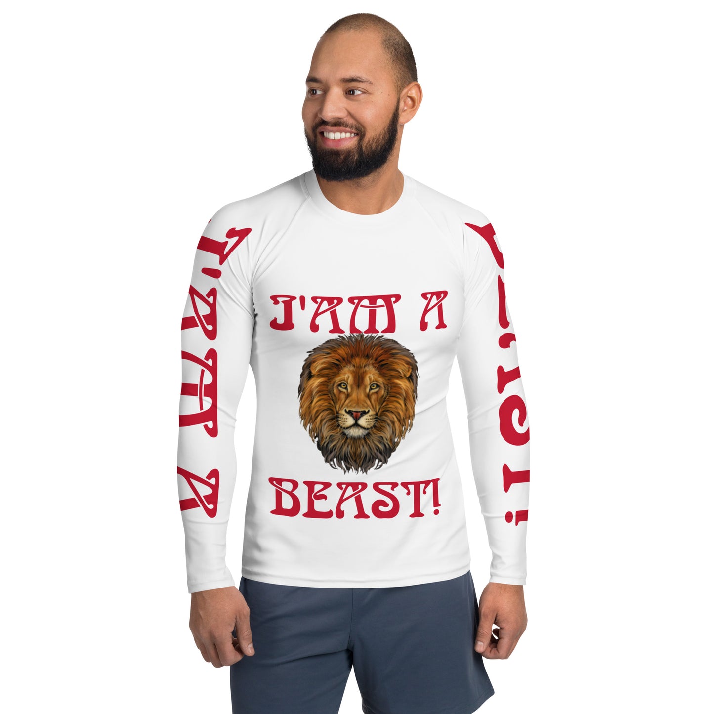 “I’AM A BEAST!”White Men's Rash Guard W/Red Font