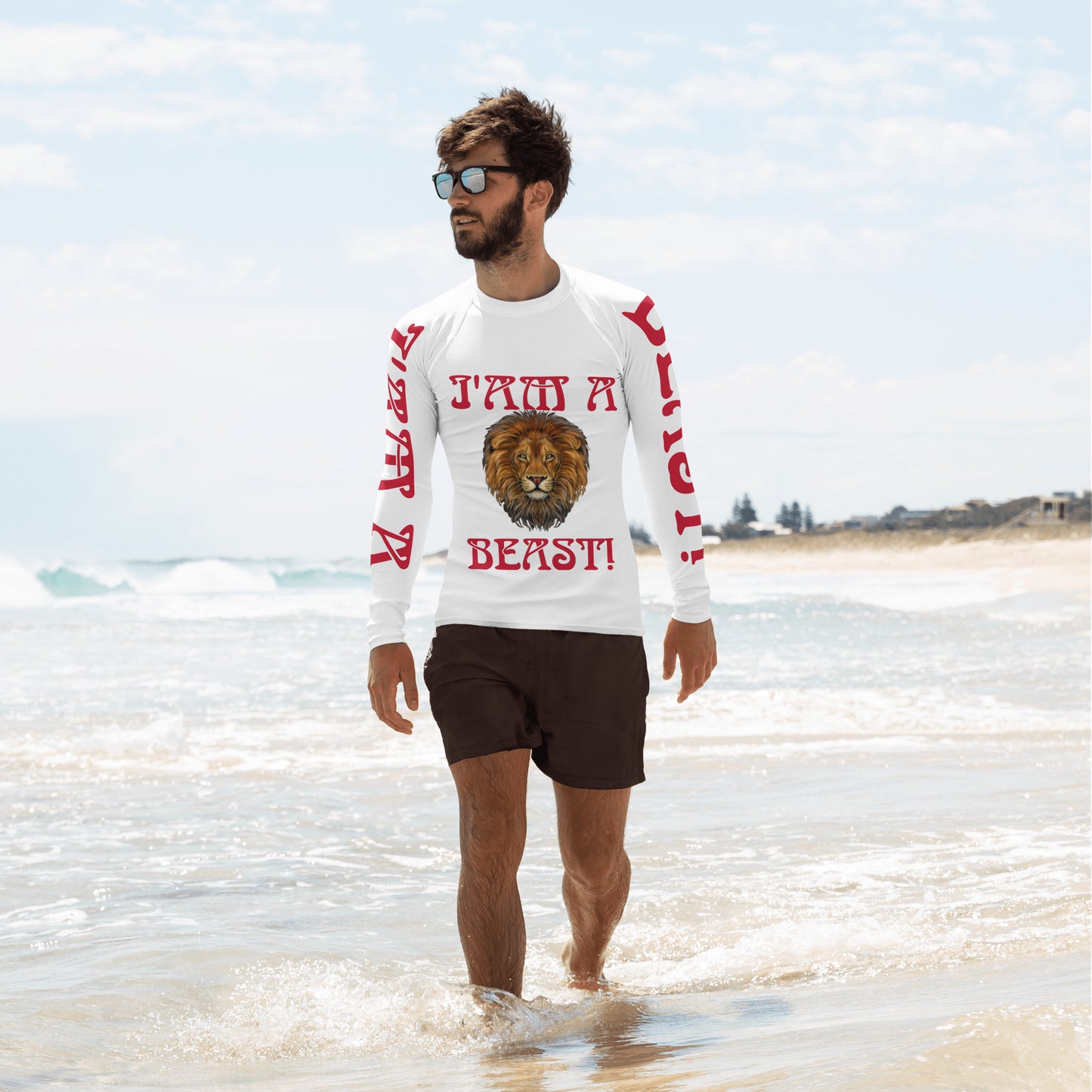 “I’AM A BEAST!”White Men's Rash Guard W/Red Font