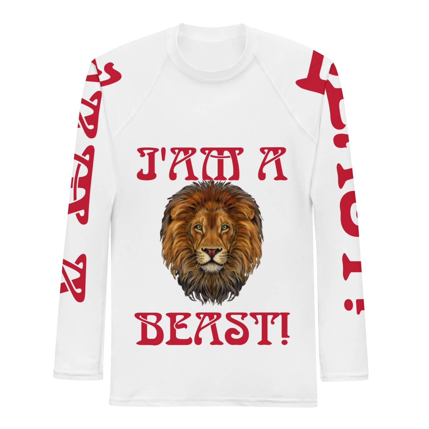 “I’AM A BEAST!”White Men's Rash Guard W/Red Font