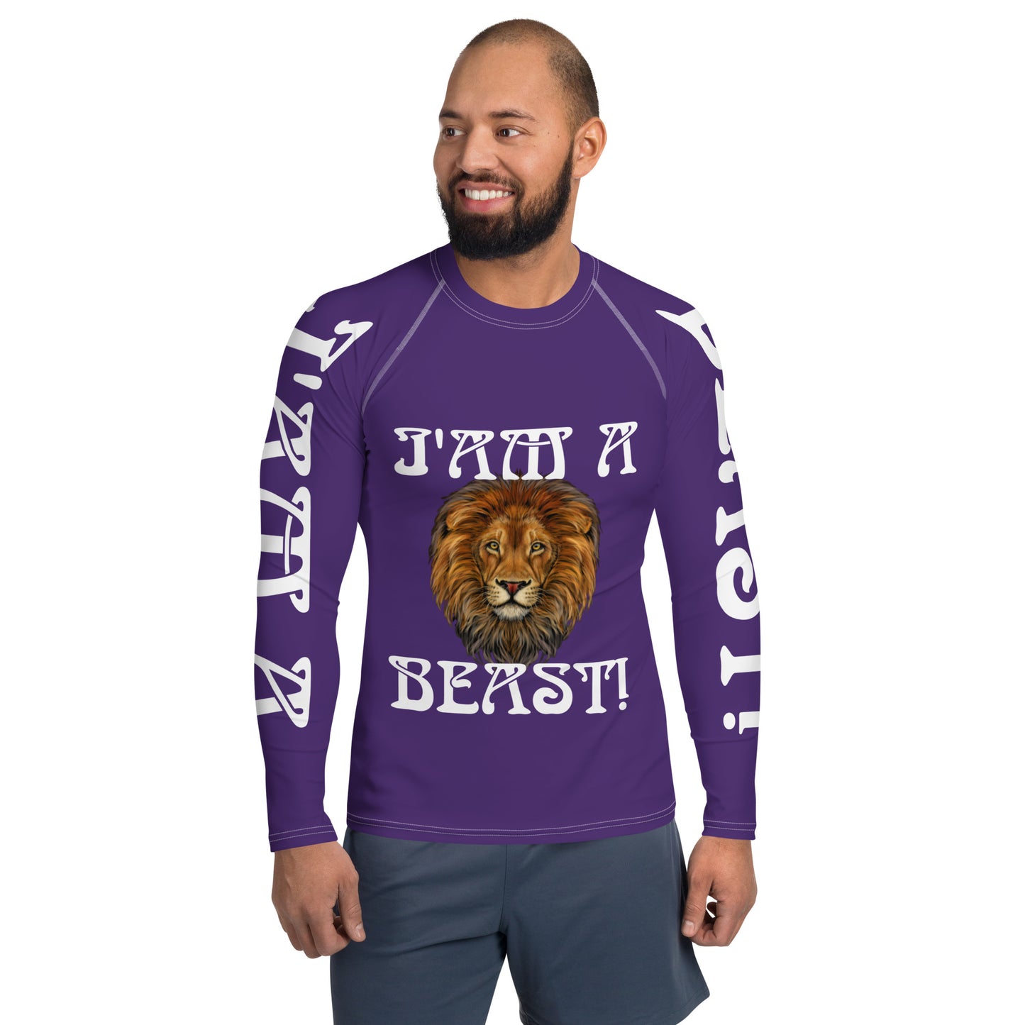 “I’AM A BEAST!”Purple Men's Rash Guard W/White Font
