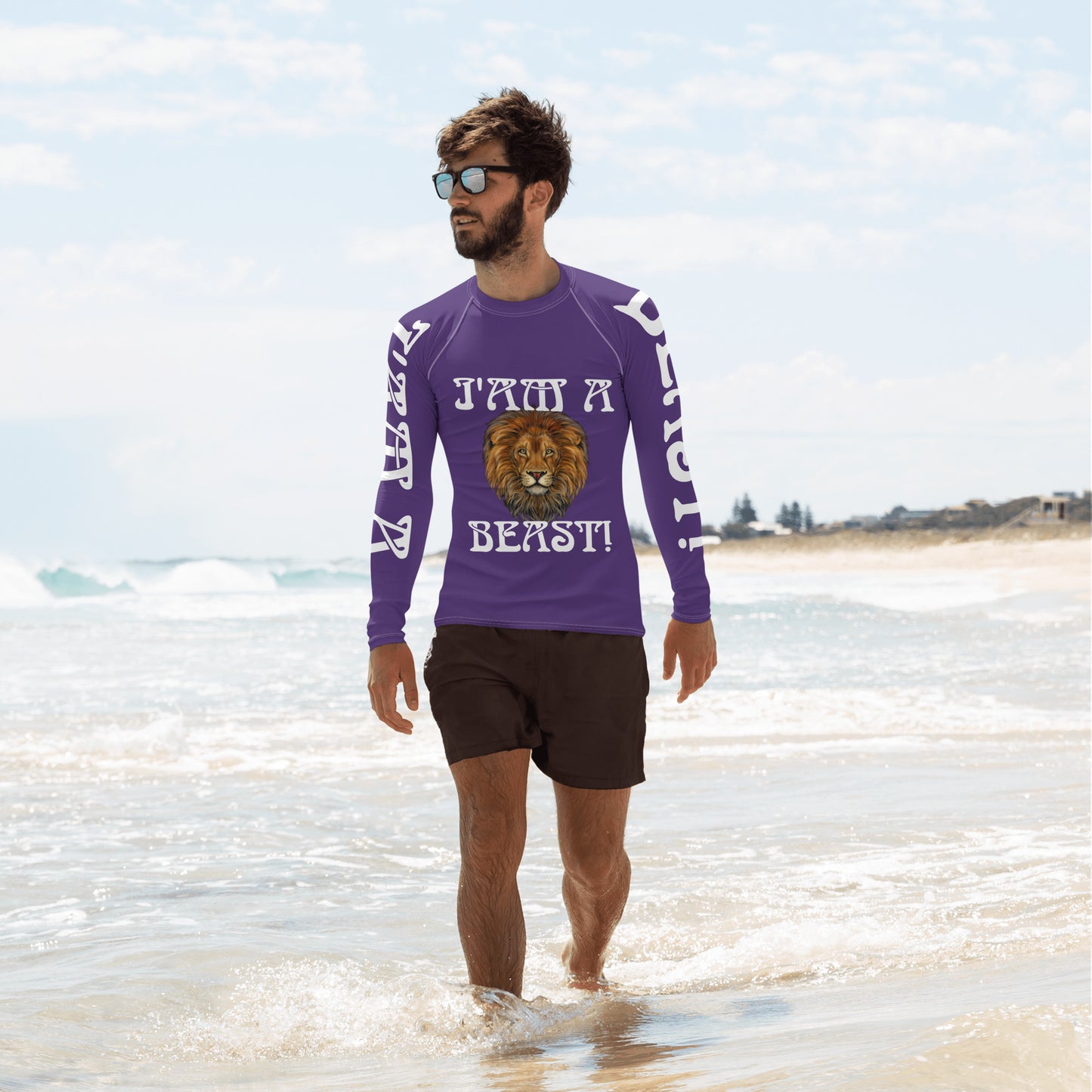 “I’AM A BEAST!”Purple Men's Rash Guard W/White Font