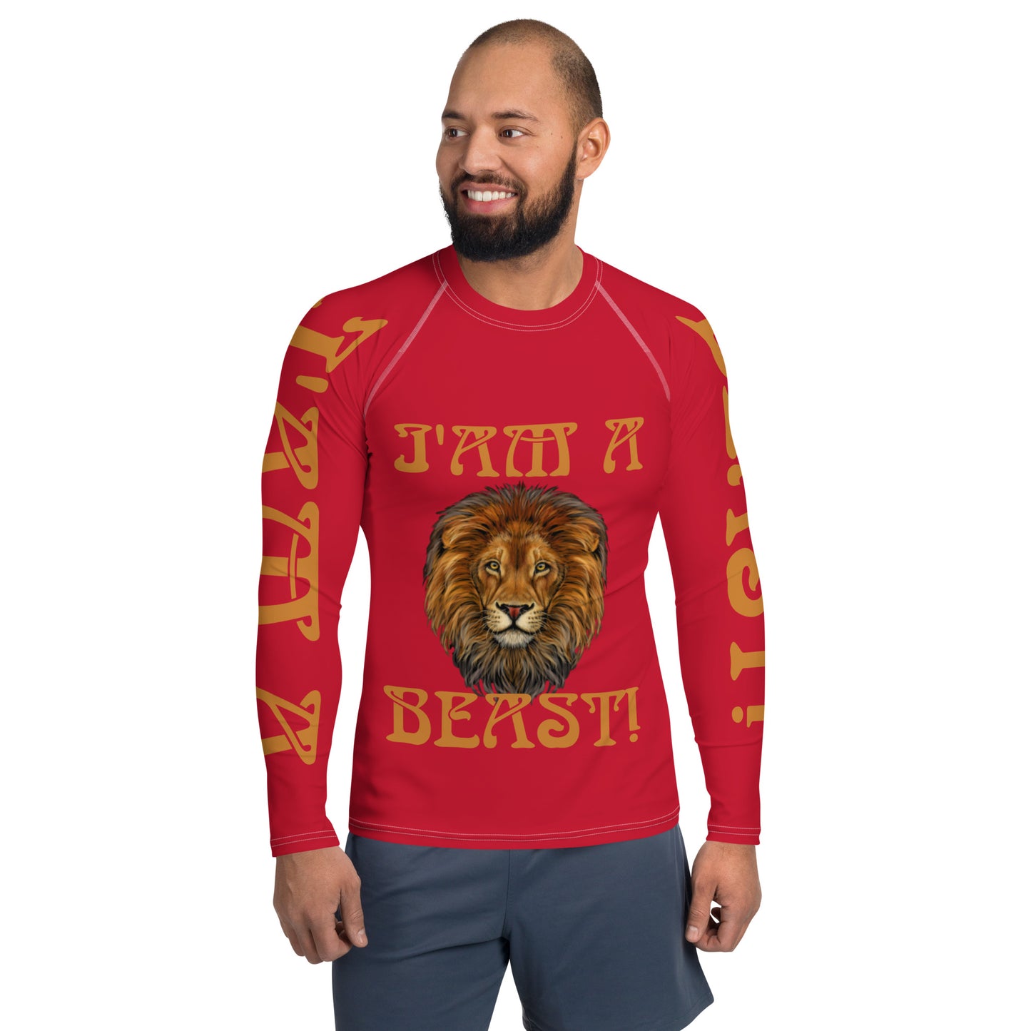 “I’AM A BEAST!" Red Men's Rash Guard W/Bronze Font