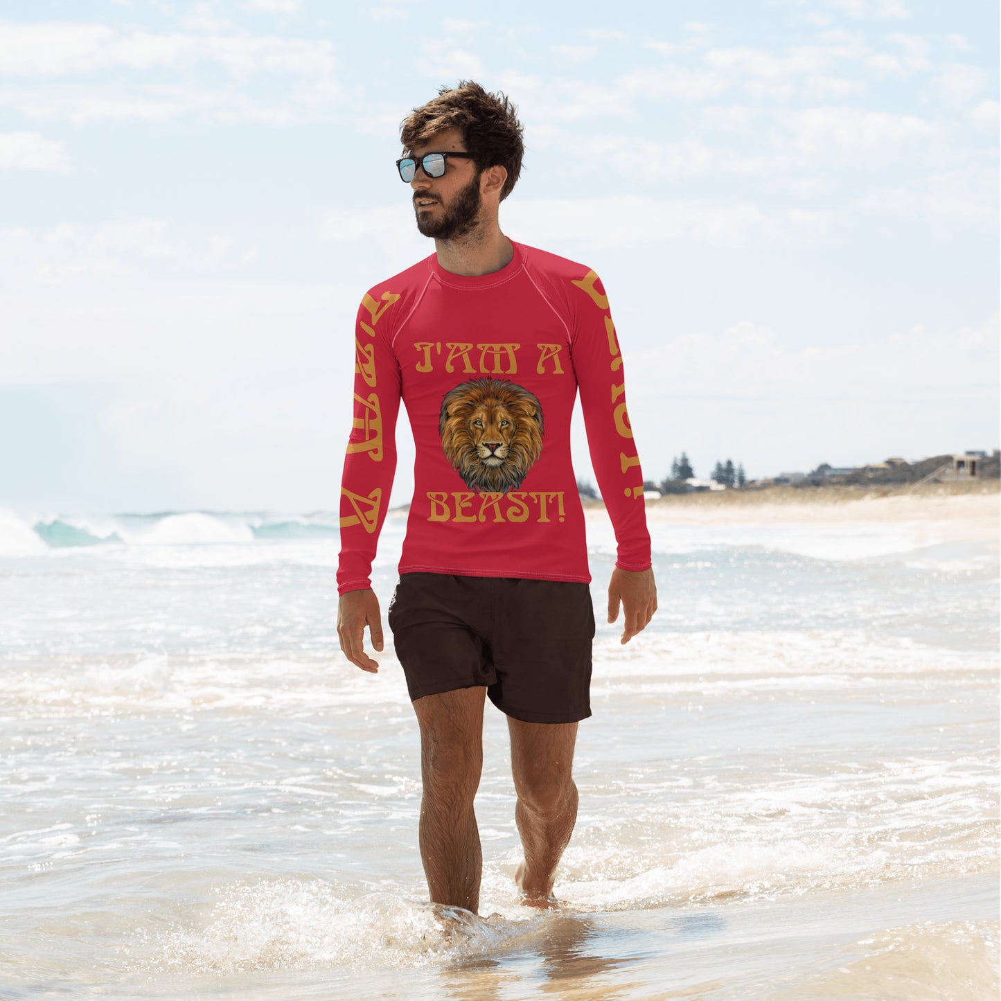 “I’AM A BEAST!" Red Men's Rash Guard W/Bronze Font