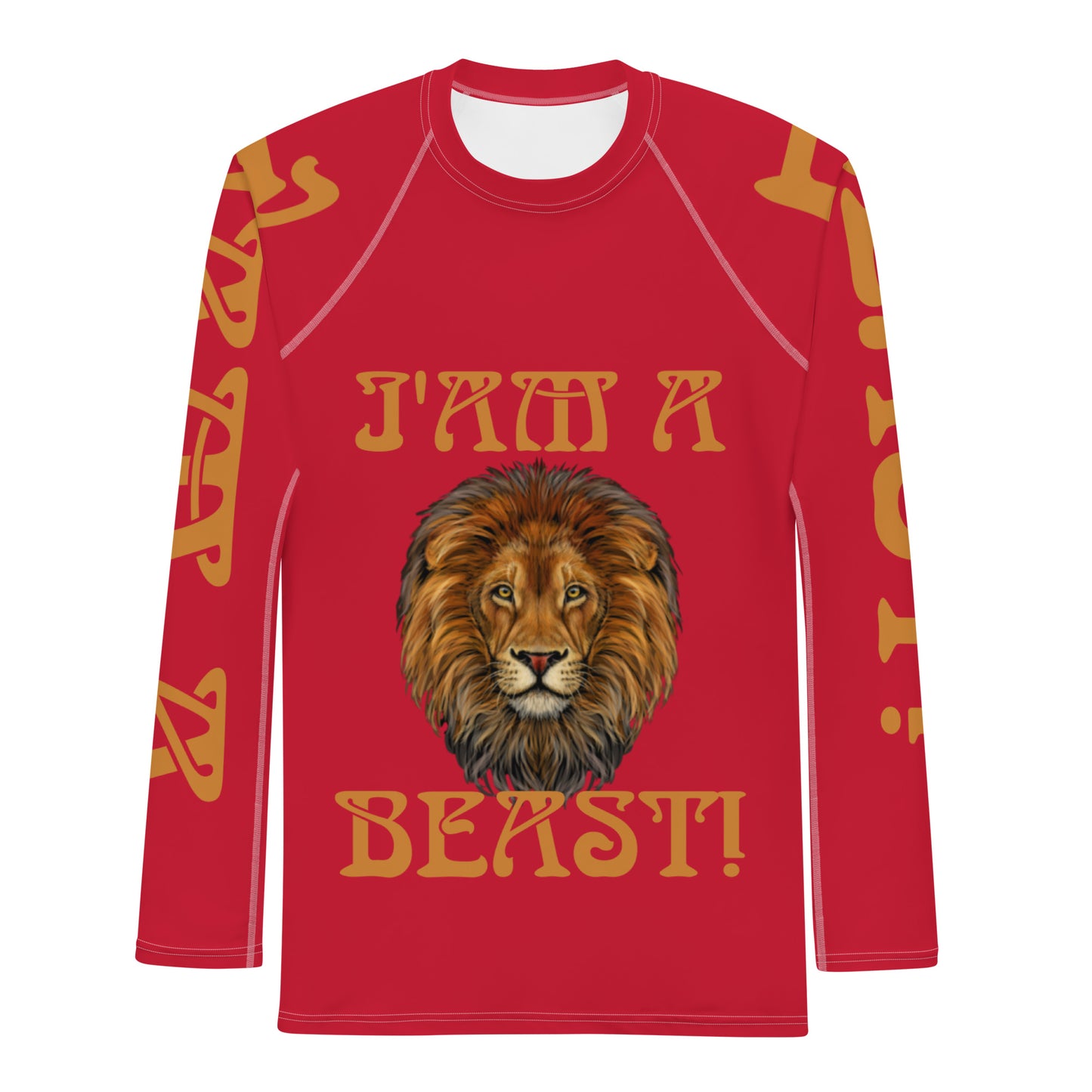 “I’AM A BEAST!" Red Men's Rash Guard W/Bronze Font