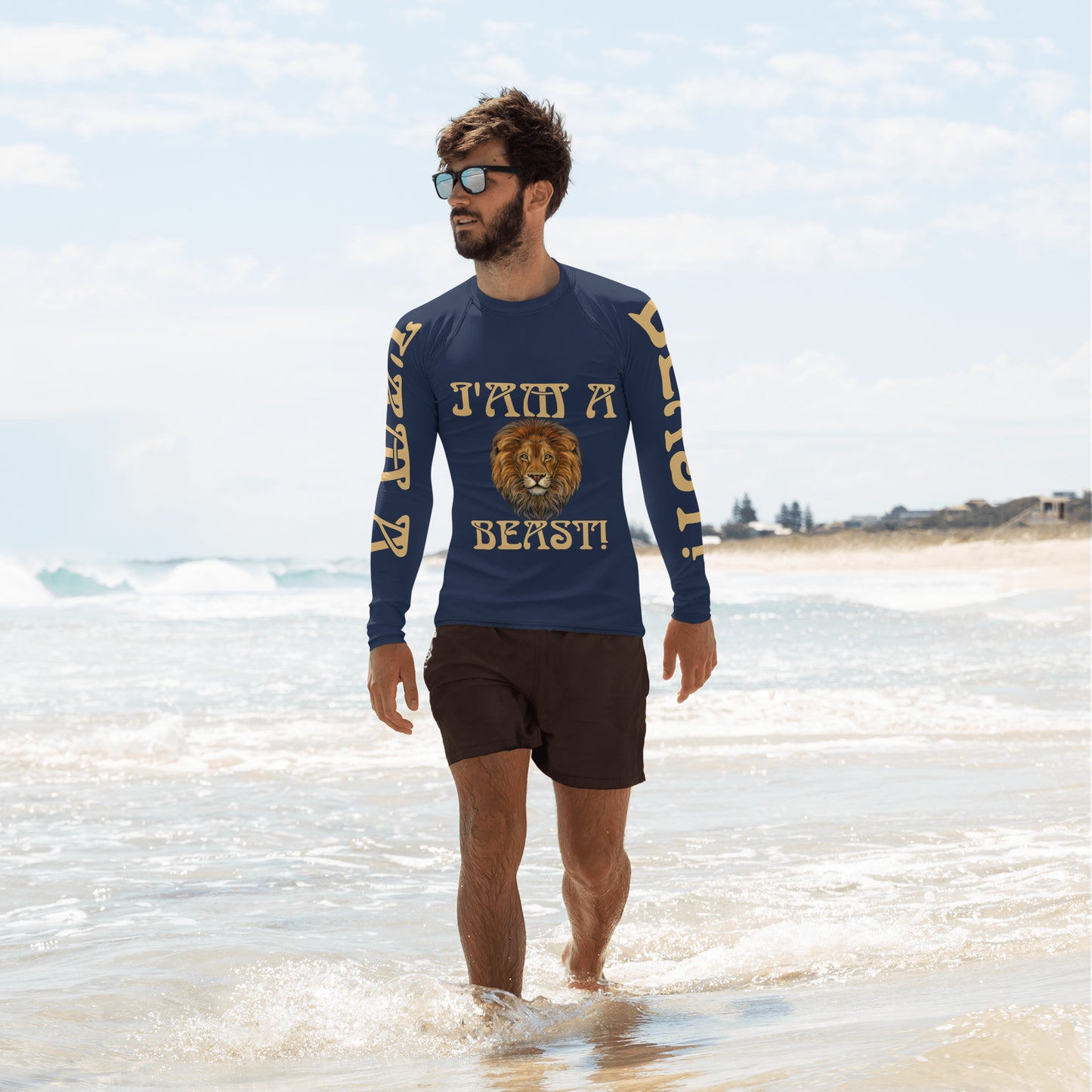 “I’AM A BEAST!”Navy Men's Rash Guard W/Fawn Font