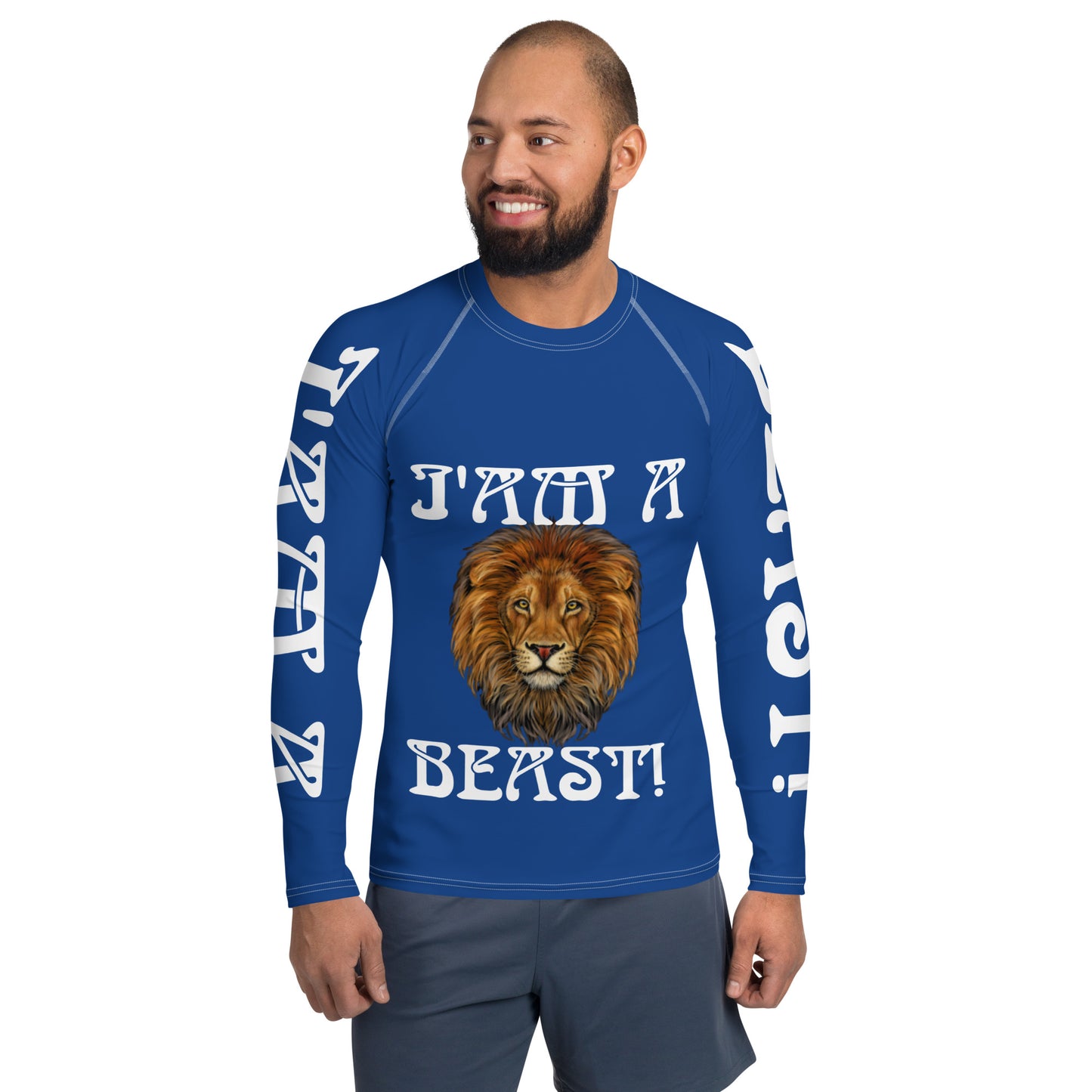 “I’AM A BEAST!”Blue Men's Rash Guard W/White Font