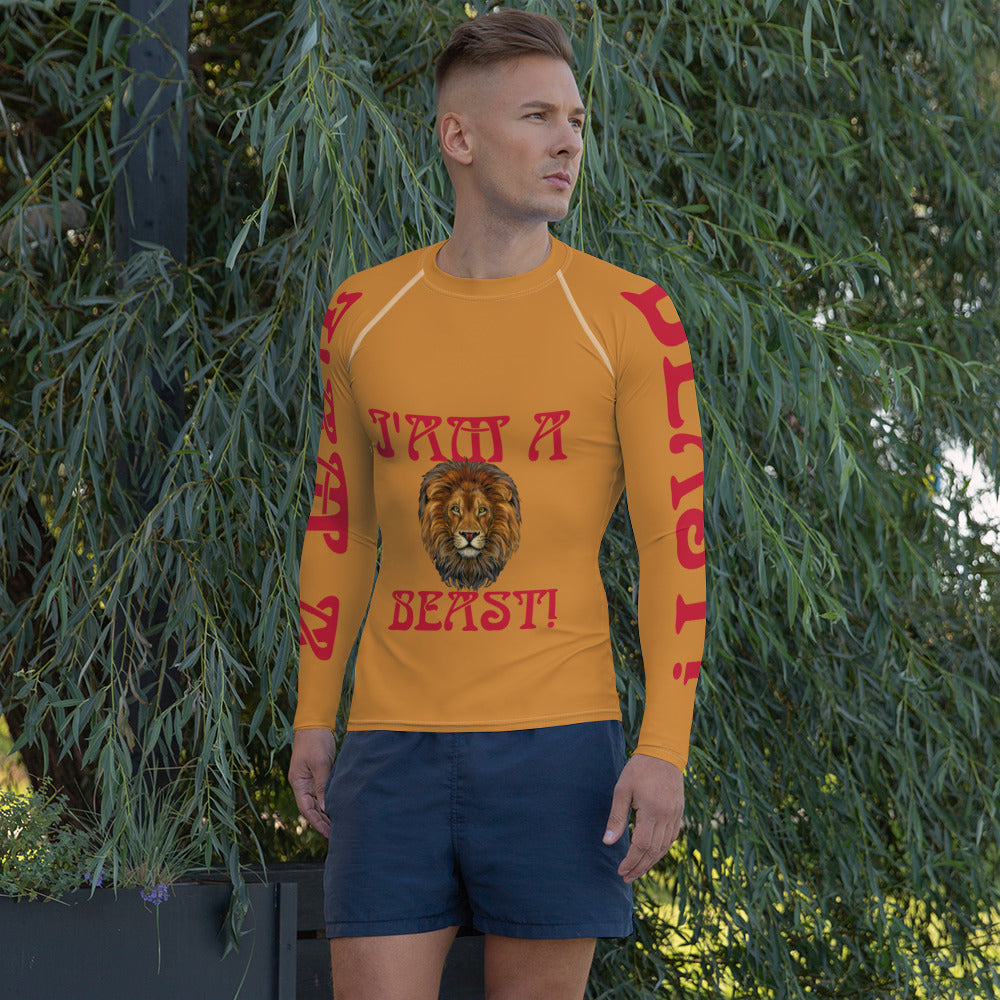 “I’AM A BEAST!”Bronze Men's Rash Guard W/Red Font
