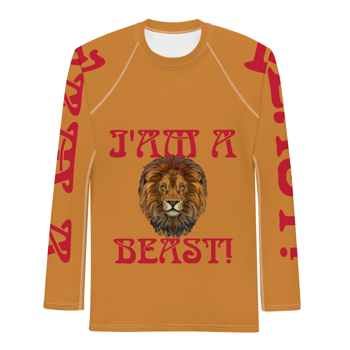“I’AM A BEAST!”Bronze Men's Rash Guard W/Red Font