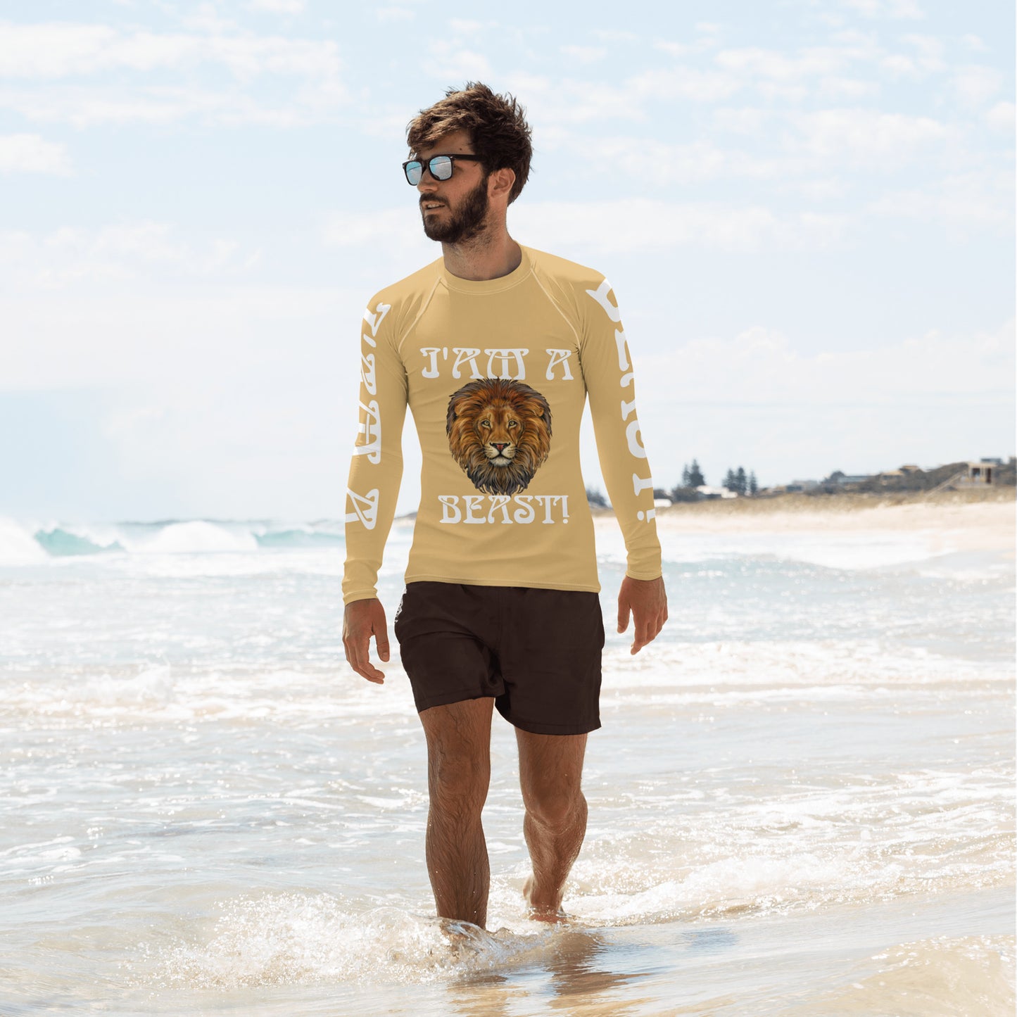 “I’AM A BEAST!” Fawn Men's Rash Guard W/White Font