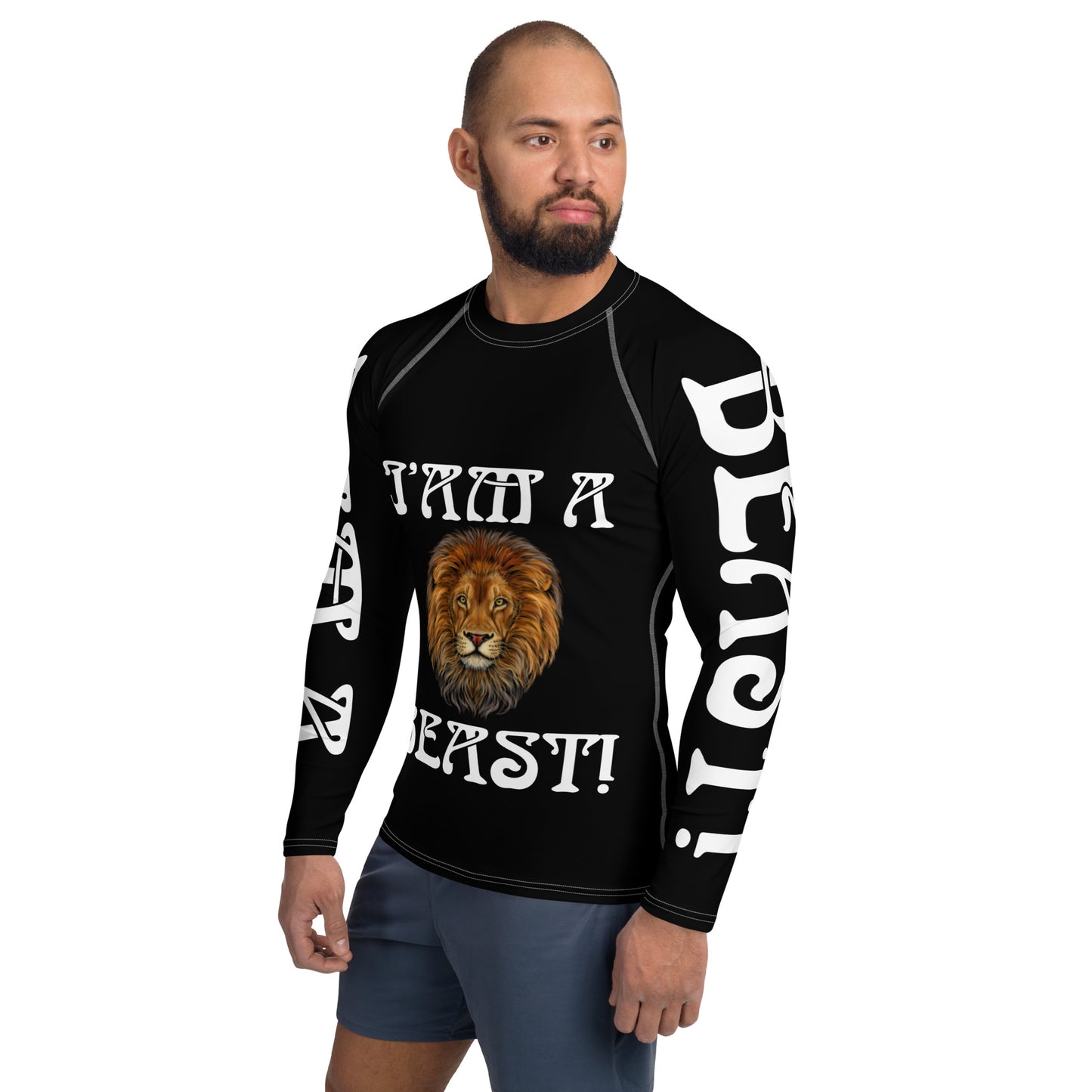 “I’AM A BEAST!”Black Men's Rash Guard W/White Font