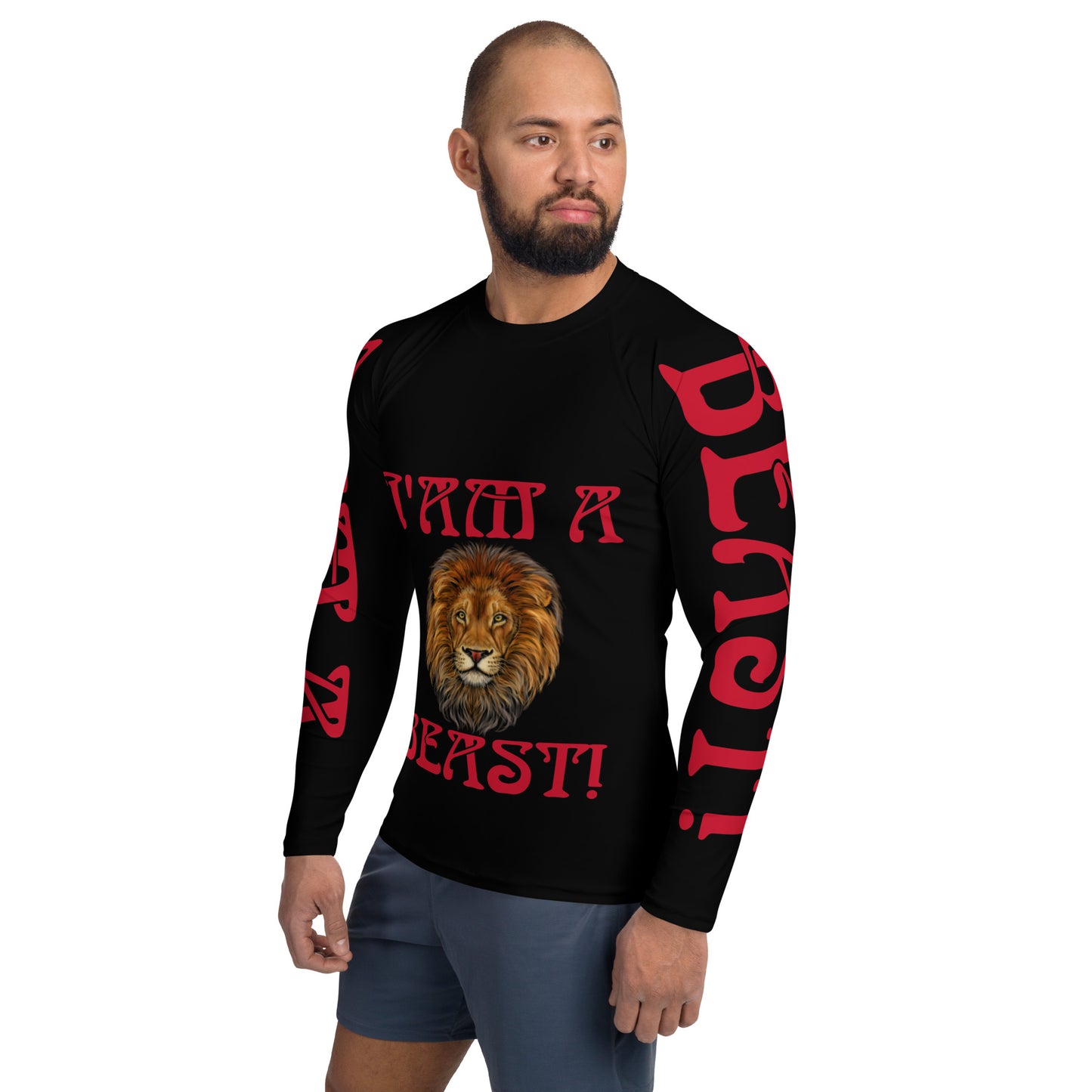 “I’AM A BEAST!”Black Men's Rash Guard W/Red Font